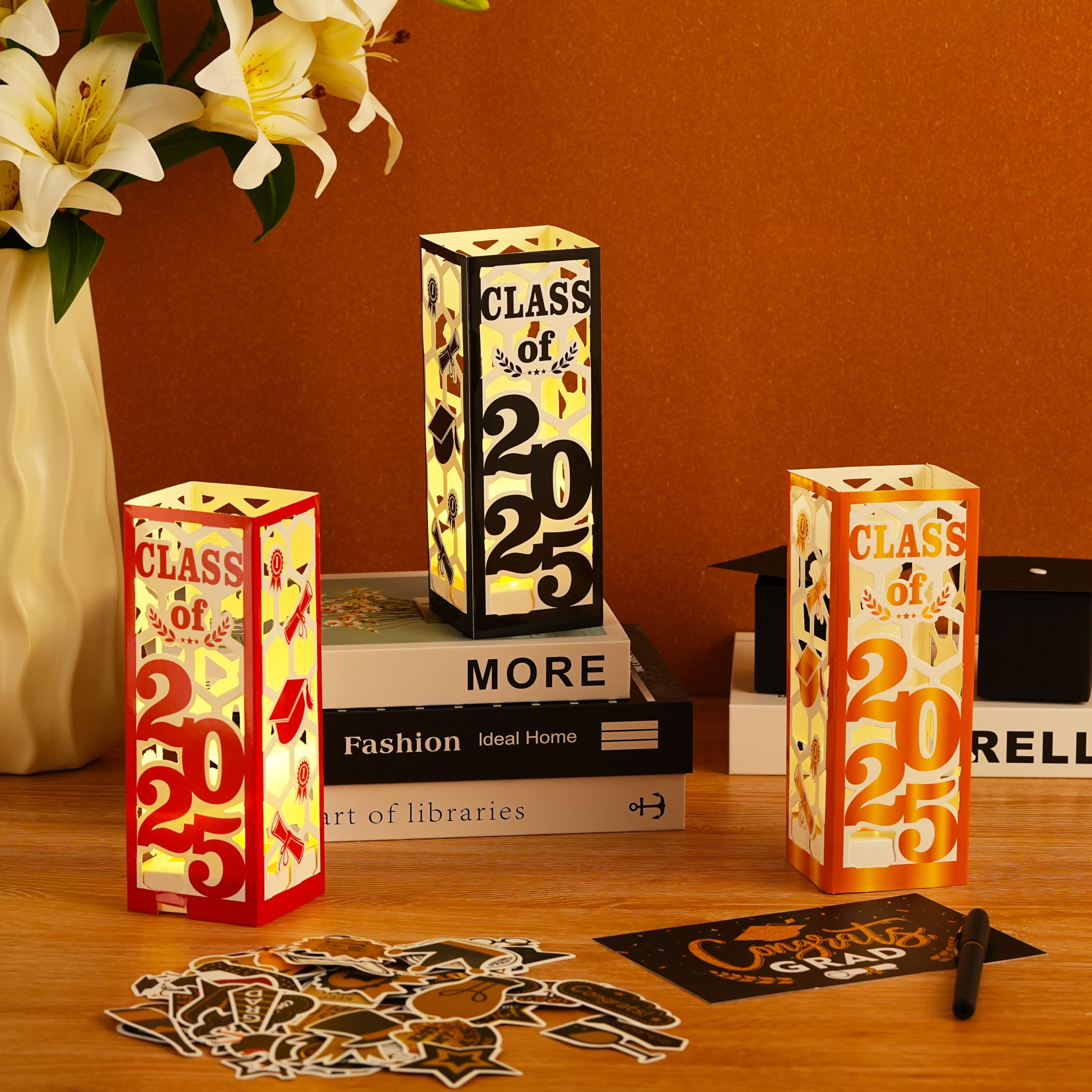 6 Pcs LED Graduation Lanterns - Class of 2025 Party Decor for College & High School - Black