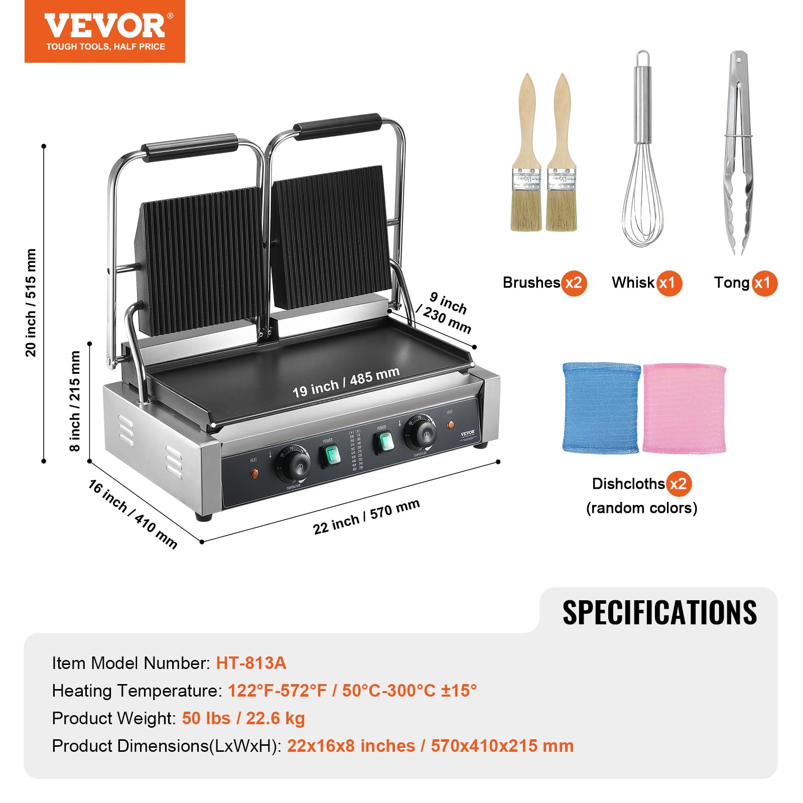 VEVOR 3600W Commercial Electric Panini Grill Press, Stainless Steel Double Sandwich Maker with Temperature Control & 19