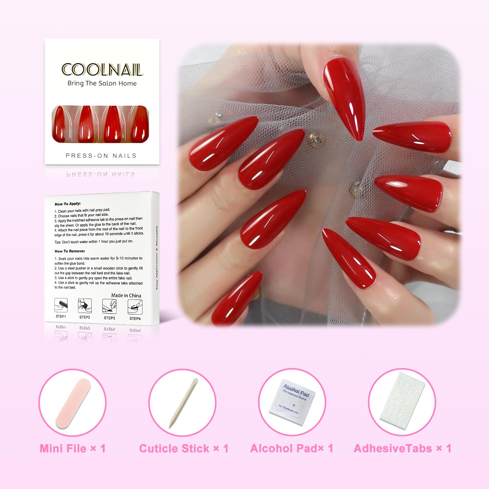 Glossy Red Press-On False Nails - Medium Long Stiletto Fake Nails for Salon Quality DIY Manicures at Home | Perfect for Parties, Weddings & Special Occasions