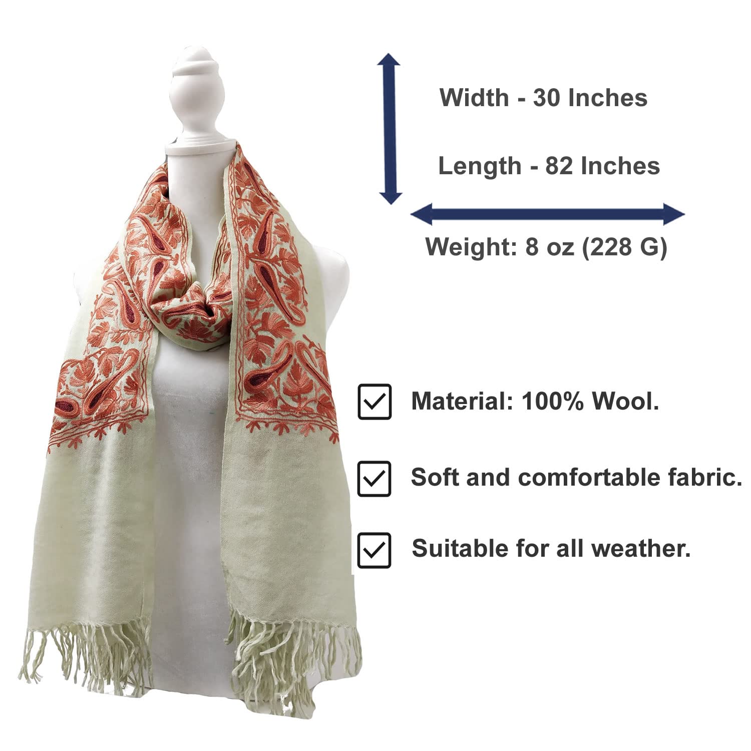 Women's Embroidered Wool Scarves – Soft Winter Shawl in Exclusive Color Combinations | Perfect for Cold Weather, Office, and Special Occasions