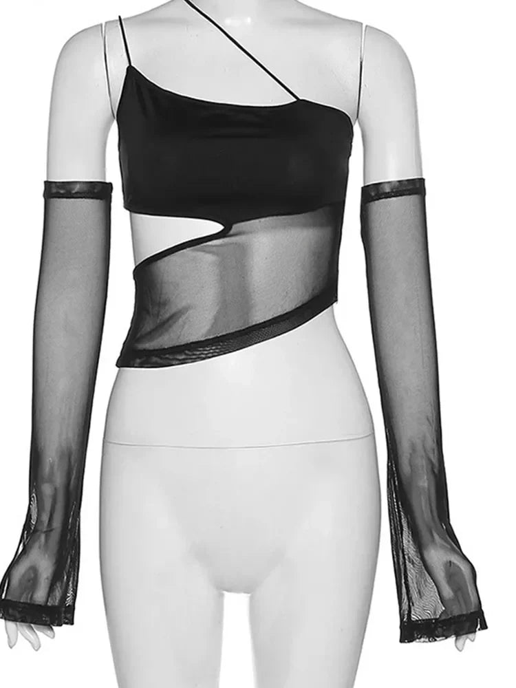 Fairy Grunge Mesh Crop Top with Asymmetrical Cut Out & Sleeves - Transparent Camisole Tank Tops for Women | Perfect for Concerts, Festivals & Edgy Streetwear Outfits