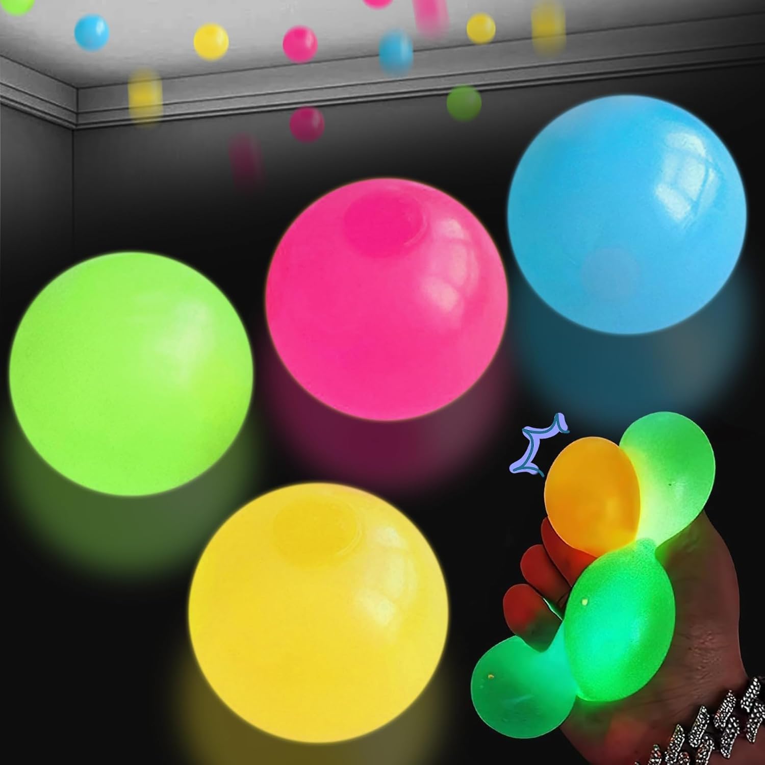 4 Pack Glow in The Dark Sticky Balls - Stress Relief Toys for Kids & Adults, Self-Returning Luminescent Balls for Ceiling & Wall Fun - Perfect for Nighttime Play, Anxiety Relief, and Sensory Therapy