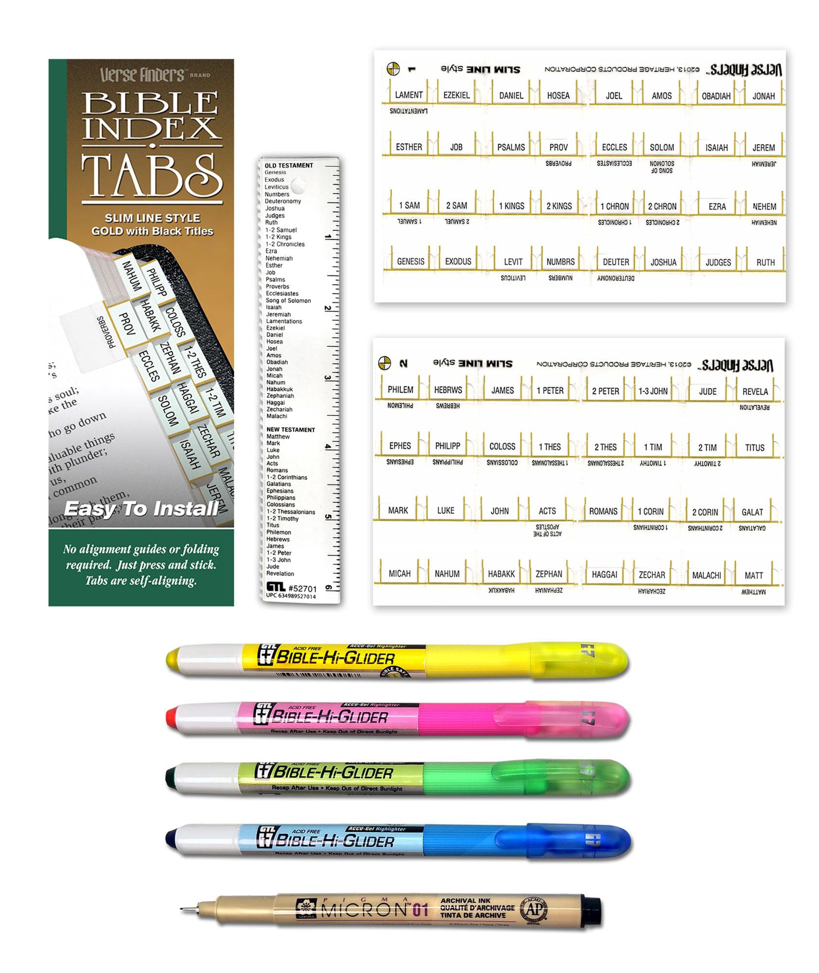 Accu-Gel Bible Highlighter & Pigma Micron Bible Study Starter Set - No Bleed Pigmented Ink, Fine Point Black Pen & Gel Highlighter for Scripture Marking | Includes Slim Gold Verse Finder Bible Tabs | Perfect for Bible Journaling, Scripture Study & Church Note Taking