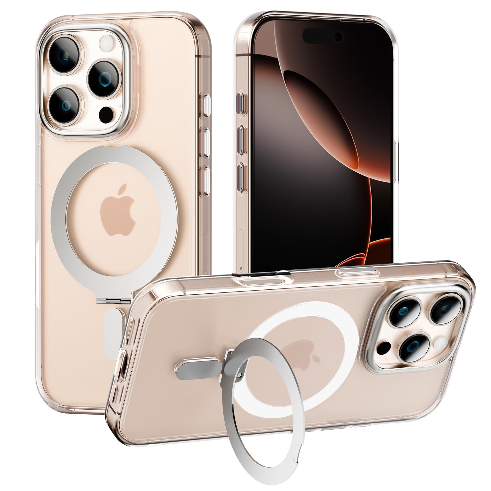 DUEDUE Magnetic iPhone 16 Pro Case with MagSafe - Crystal Clear Slim Shockproof Protective Cover with Ring Holder Stand (6.3