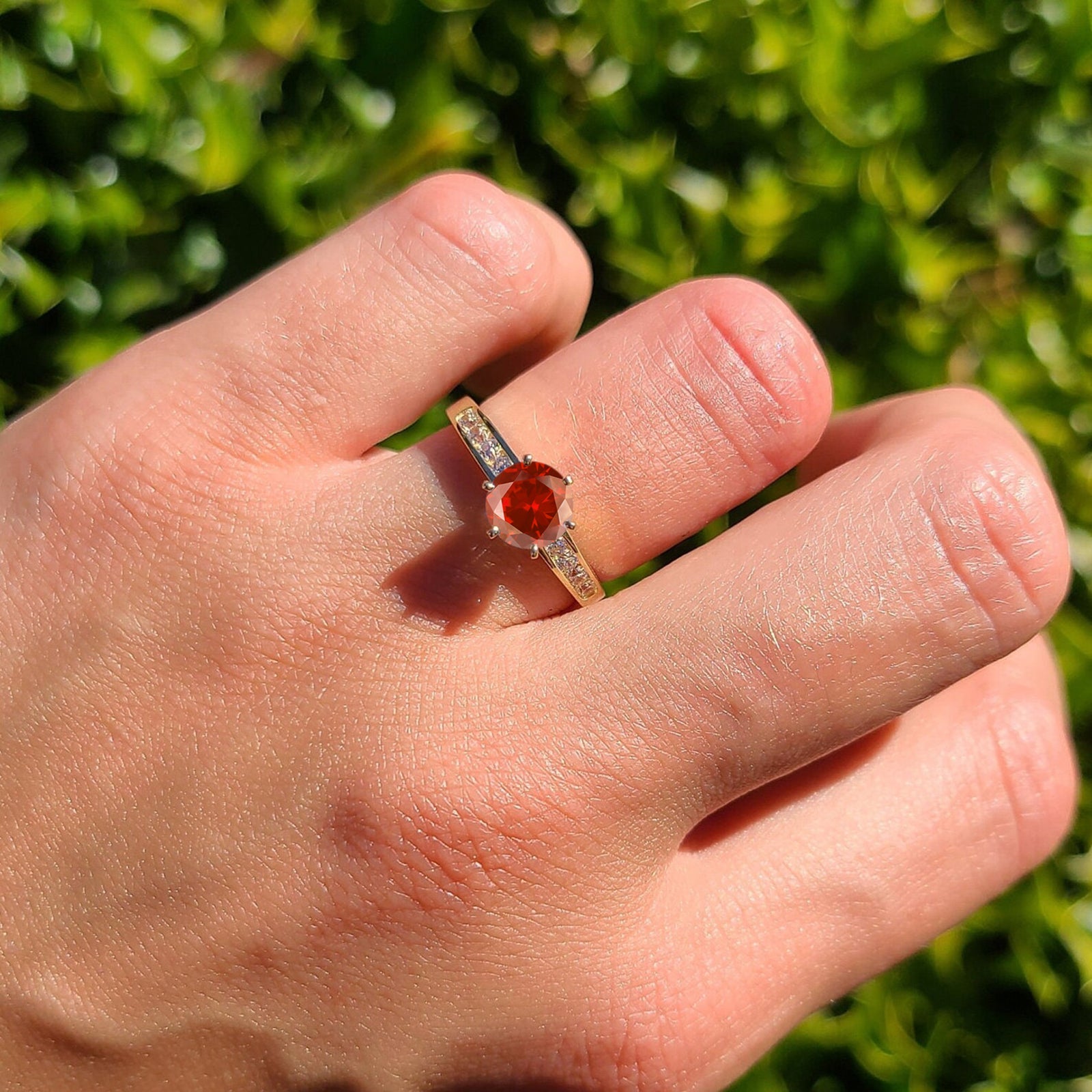 14K Yellow Gold Round Garnet CZ Cathedral Ring for Women - Elegant Vintage Style Wedding Band, Engagement Ring, Anniversary Gift - Perfect for Bridal, Evening Wear & Special Occasions