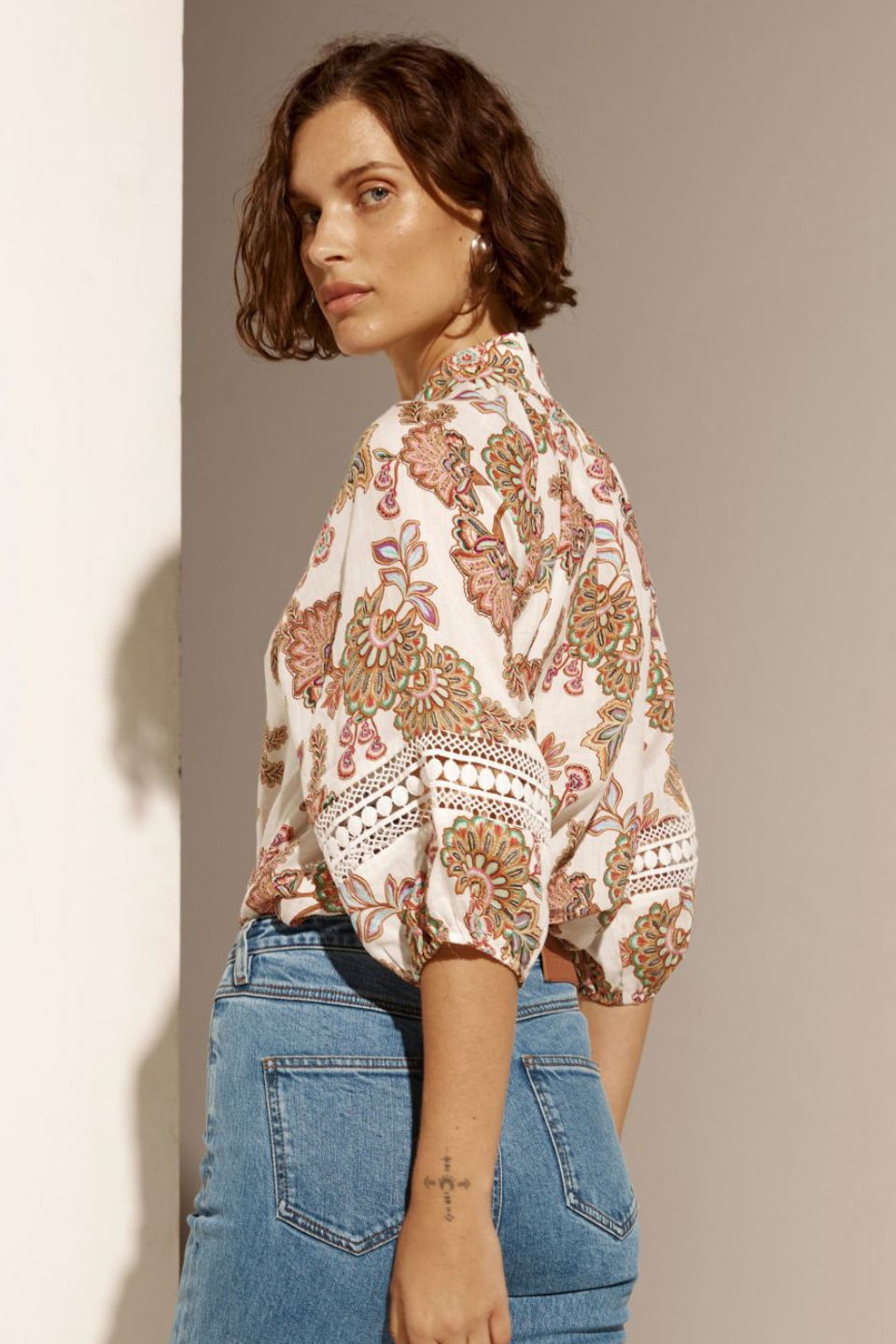 Invoke Cream Paisley High Neck Short Sleeve Blouse for Women - Elegant Floral Print Summer Top for Office, Date Night & Casual Outings