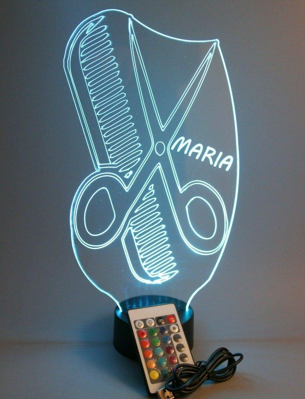Professional LED Barber Scissors Comb Night Light with Remote - 16 Color Changing, Custom Engraved Name - Perfect for Hair Salons, Barbershops & Home Grooming Stations (Great Gift Idea)