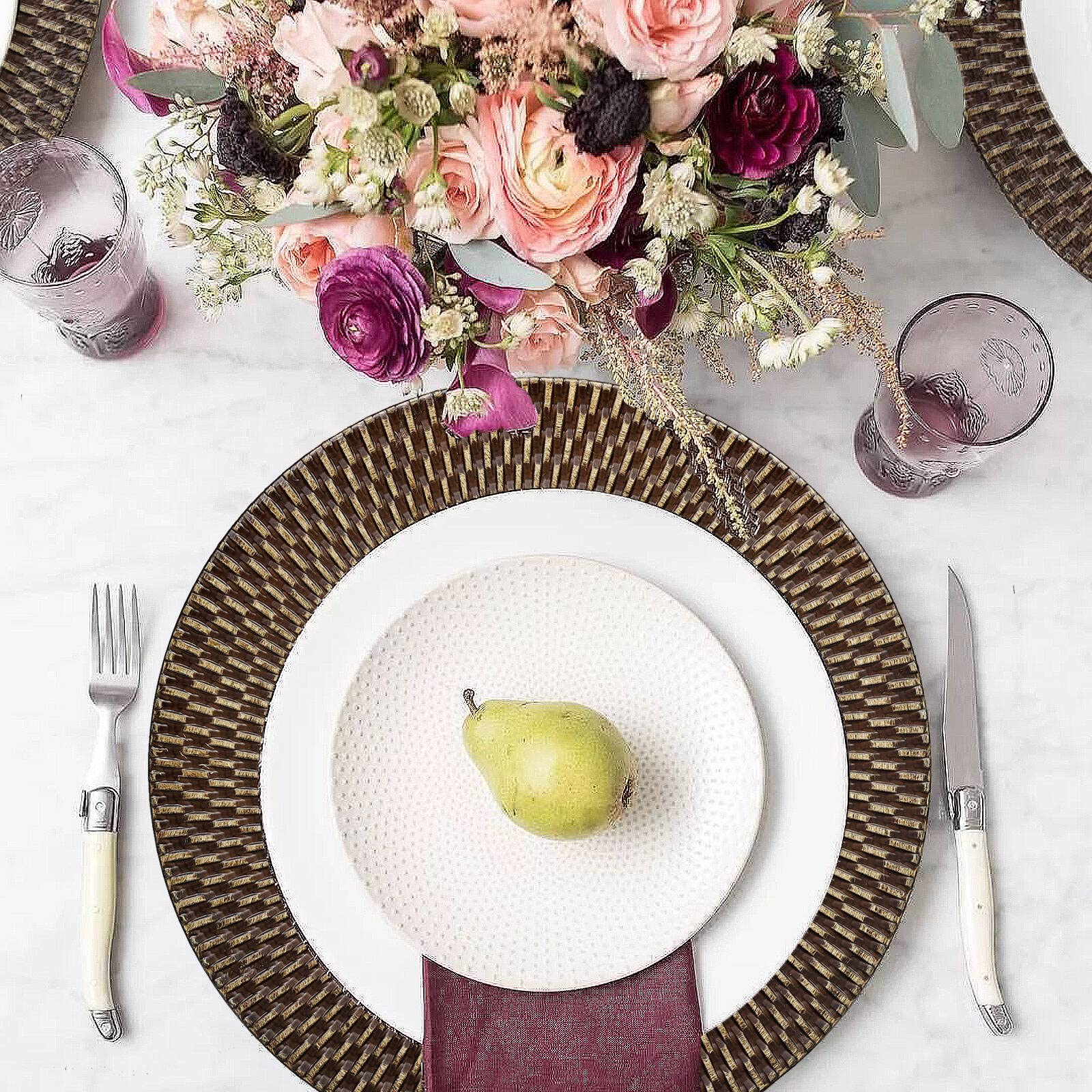 Rustic Faux Rattan Charger Plates - Set of 6 Elegant Round Plastic Plate Chargers for Dinner, Wedding, Party & Holiday Decor - Plaid Design for Farmhouse & Boho Table Settings