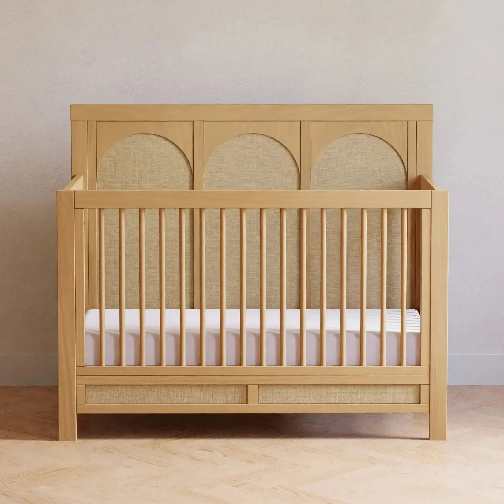 Eloise 4-in-1 Convertible Baby Crib in Honey & Sand - Eco-Friendly Weave Fabric for Nursery, Toddler & Guest Room - Safe & Durable Wooden Crib with Adjustable Mattress Height