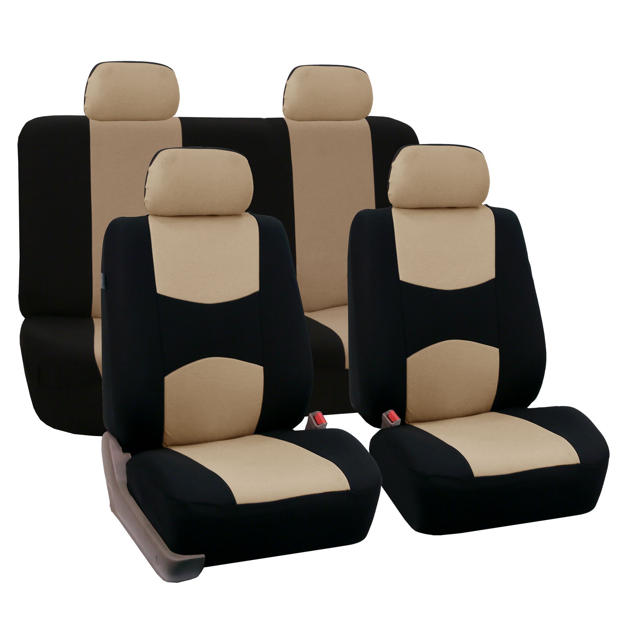 Premium FH Group Full Set Flat Cloth Car Seat Covers - Universal Fit for Cars, Trucks & SUVs | Non-Slip Beige Bench Seat Protector with Dash Grip Pad | Perfect for Road Trips, Daily Commutes & Interior Protection