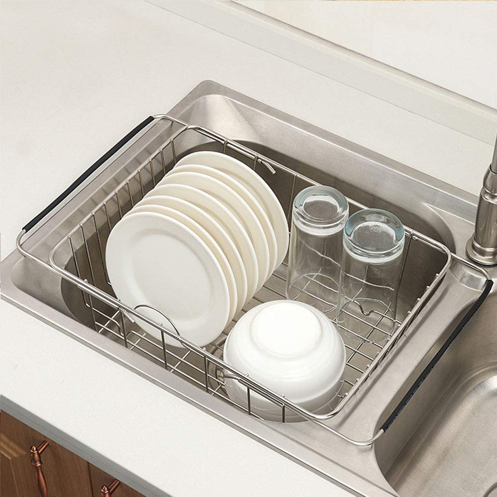Expandable Stainless Steel Cutlery Basket & Dish Drying Rack - Adjustable Over Sink or Countertop Organizer with Black Utensil Holder | Rustproof Kitchen Storage for Silverware, Knives & Cooking Tools | Perfect for Small Spaces, Dishwashing & Countertop Organization