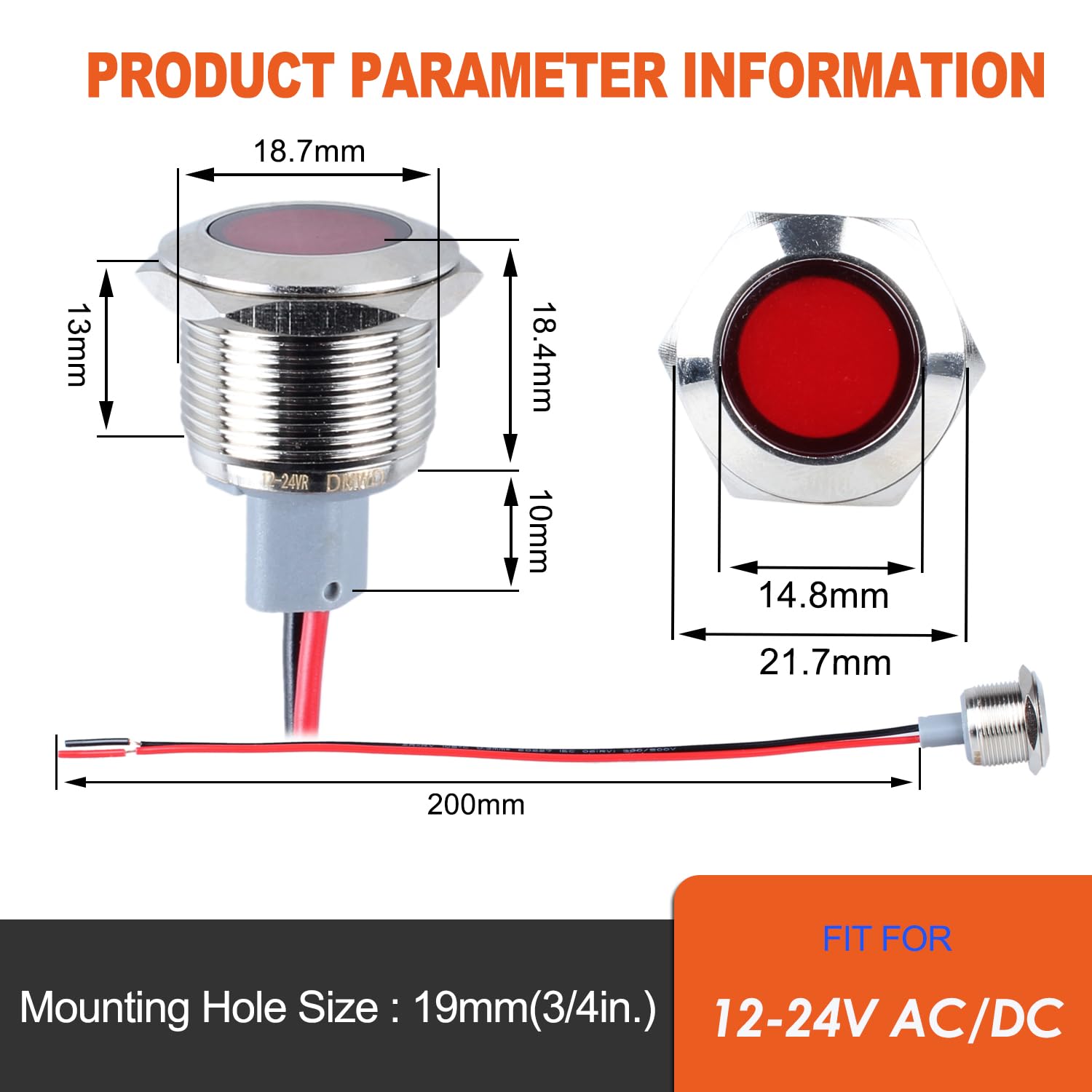 2PCS 19mm LED Metal Indicator Light - 3/4