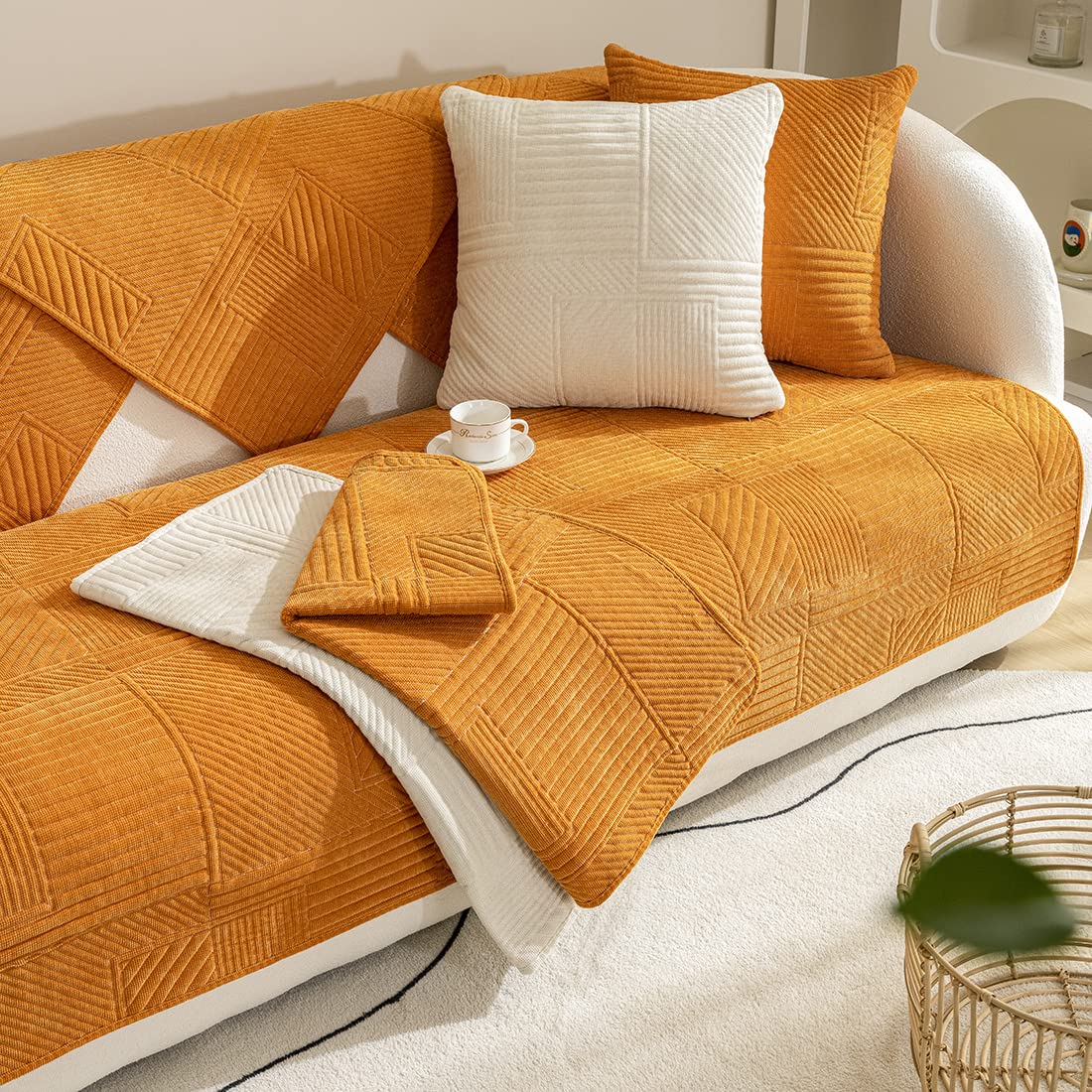 Vctops Corduroy Geometric Sofa Cover - Soft Quilted Sectional Couch Protector, Non-Slip Pet-Friendly Slipcover for Dogs & Cats - Fits Love Seat, Recliner & L-Shaped Leather Sofas (Orange, 43x82 inches) - Perfect for Living Room, Family Room & Pet-Friendly Homes