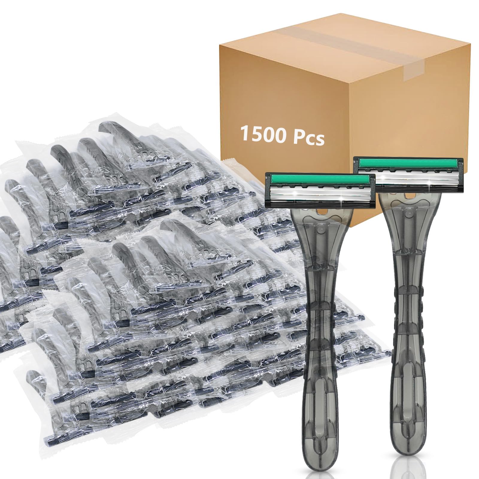 Kheoxusa 1500 Count Disposable Razors - 3 Blade Shaving Razors for Men & Women, Individually Wrapped Bulk Razors for Travel, Hotel, Airbnb, Tattoo Aftercare & Personal Grooming - Grey