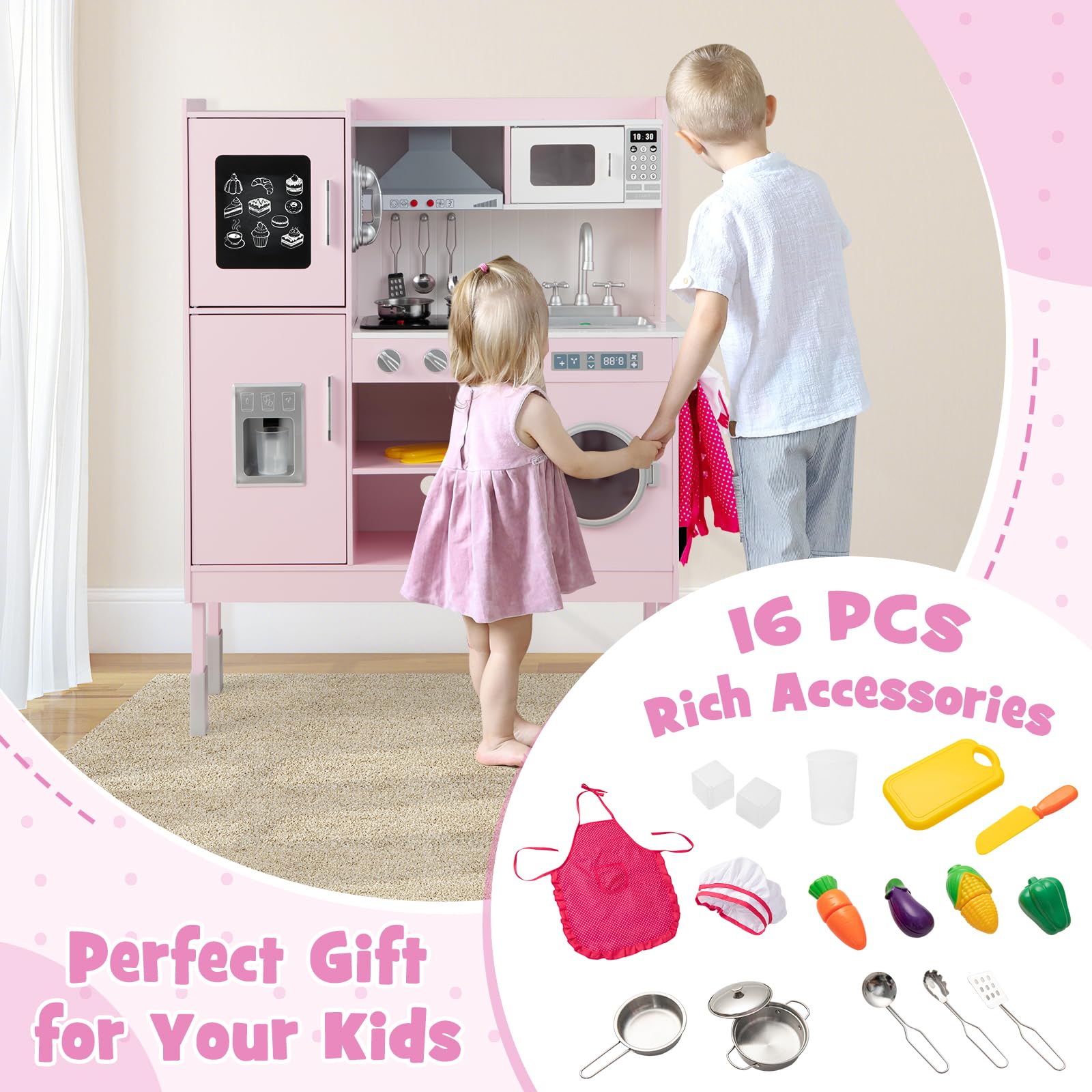 HONEY JOY Pink Wooden Play Kitchen Set for Toddlers - Pretend Play Toy with Microwave, Cookware, Washing Machine & Blackboard - Educational Gift for Boys & Girls - Perfect for Birthday, Christmas & Role-Playing Fun