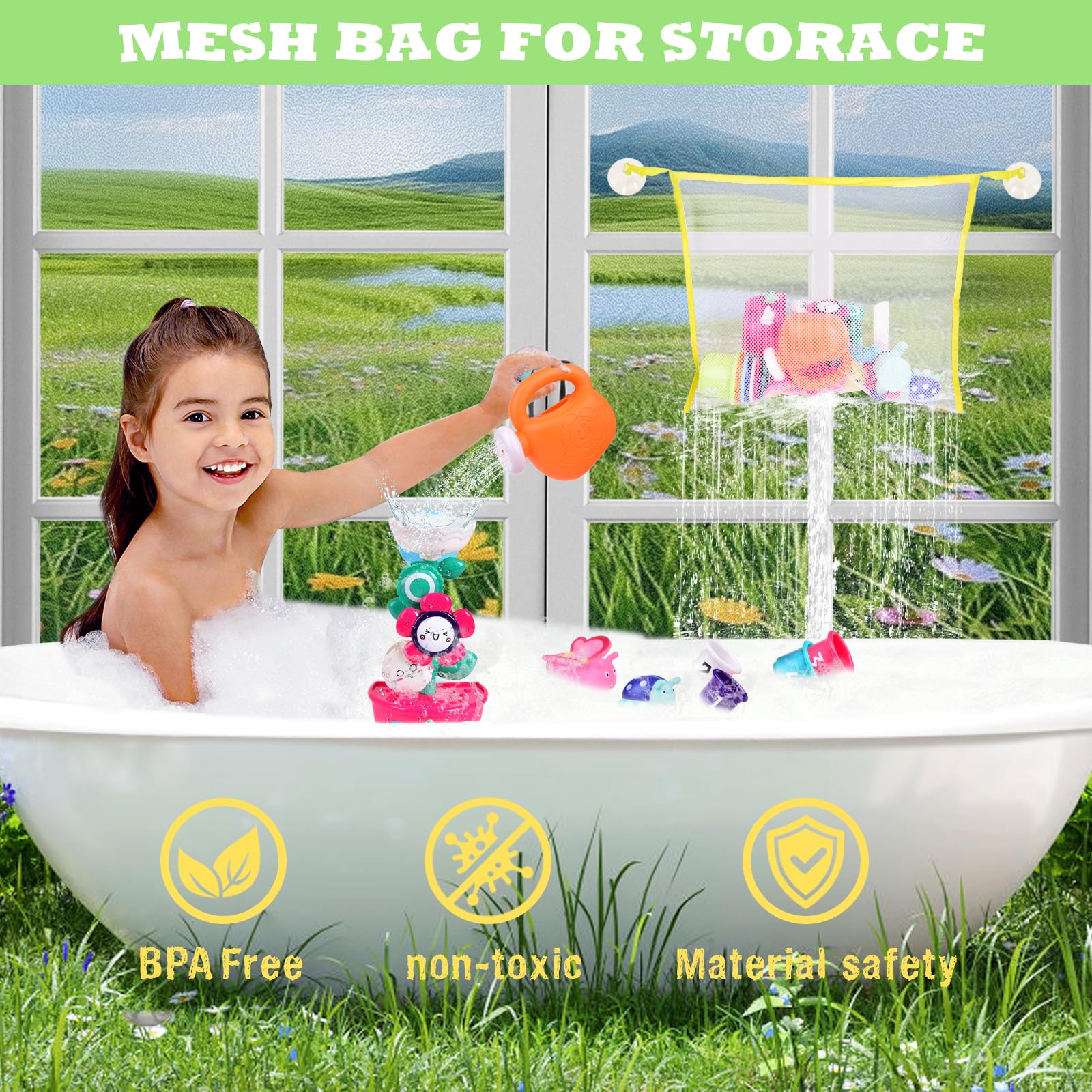 16Pcs Toddler Bath Toys Set - Flower Waterfall Water Station, Stacking Cups, Watering Can & Shower Toys for Kids Ages 1-5 | Fun Bath Time Learning Toys for Boys & Girls | Perfect for Sensory Play & Early Childhood Development