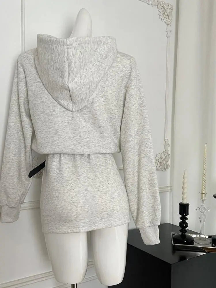 2024 Korean Fashion Autumn Beige Elegant Button Hoodie Sweatshirt Mini Dress - Women's Long Sleeve Y2K Slim Short Dress for Vacation, Streetwear & Casual Outfits