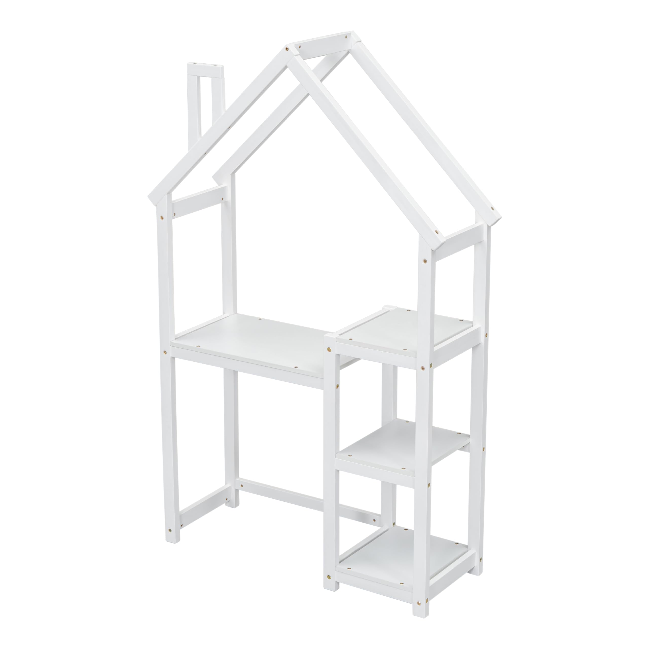 Kids Wooden House-Shaped Writing Desk - Multi-Functional Study Table with 3-Tier Storage Shelves, Open Bookshelf & Toy Organizer - Perfect for Bedroom, Playroom & Homeschooling (White)