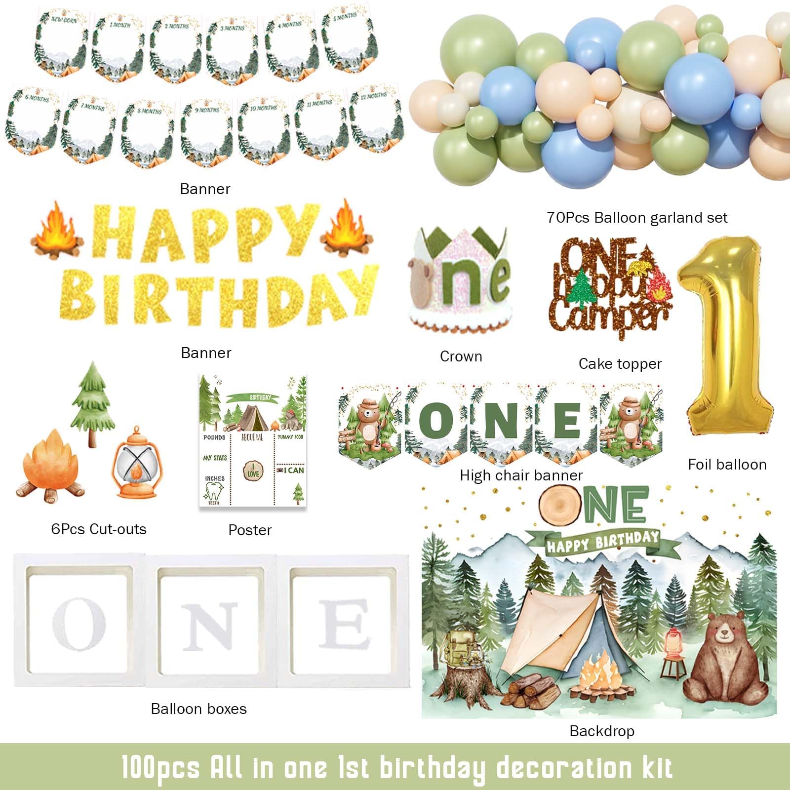 One Happy Camper Birthday Decorations - First Birthday Party Supplies for Boys with Camping Theme, Backdrop, Balloon Garland, Photo Banner, Cake Topper, Box Cutout, Crown & Poster | Perfect for Forest Tent Themed 1st Birthday Celebrations & Outdoor Adventure Parties