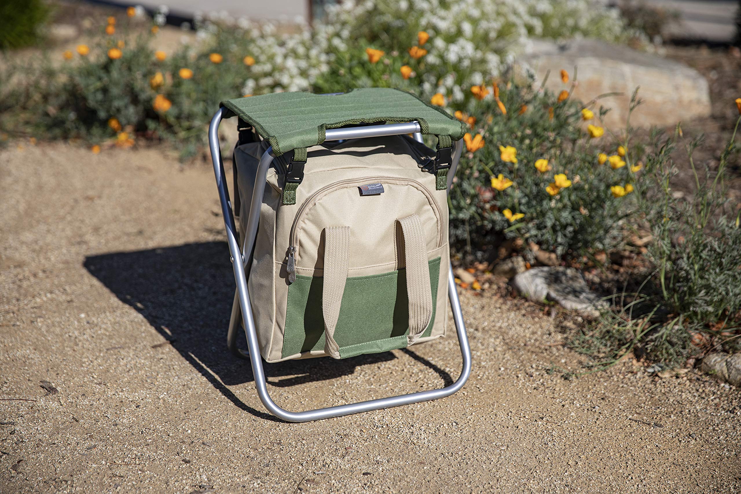 ONIVA - Picnic Time Brand Gardener Folding Seat with Tools | Portable Garden Stool with Detachable Storage Tote Bag | Garden Tools Set Organizer | Olive Green & Beige | Perfect for Outdoor Gardening, Picnics & Camping