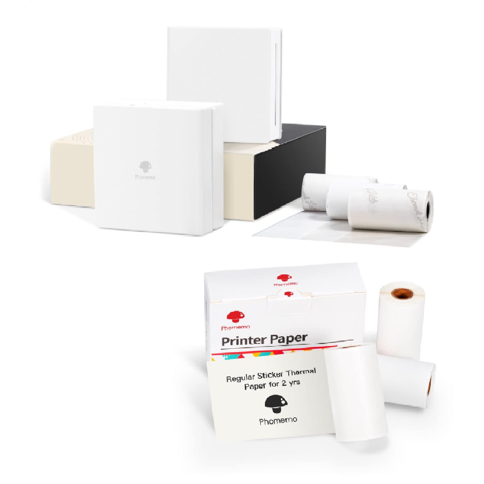 Phomemo M02 White Portable Mini Thermal Label Printer with 6 Rolls Sticker Paper - Perfect for Work To-Do Lists, Study Notes, Photo Printing, Home Organization & Gift Giving | Ideal for Office, School, Home and Travel Use