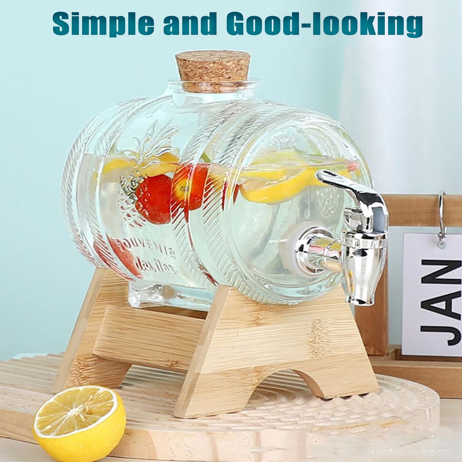 5L Glass Beverage Dispenser with Leak-Proof Tap - Clear Glass Jar & Wooden Lid - Perfect for Water, Juice, or Cocktails - Ideal for Office, Camping, and Home Use