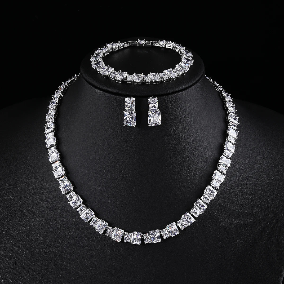 Luxury Cubic Zirconia Square Jewelry Set for Women - Necklace, Earrings & Bracelet 3-Piece Bridal Wedding Jewelry Accessories | Perfect for Weddings, Anniversaries and Special Occasions