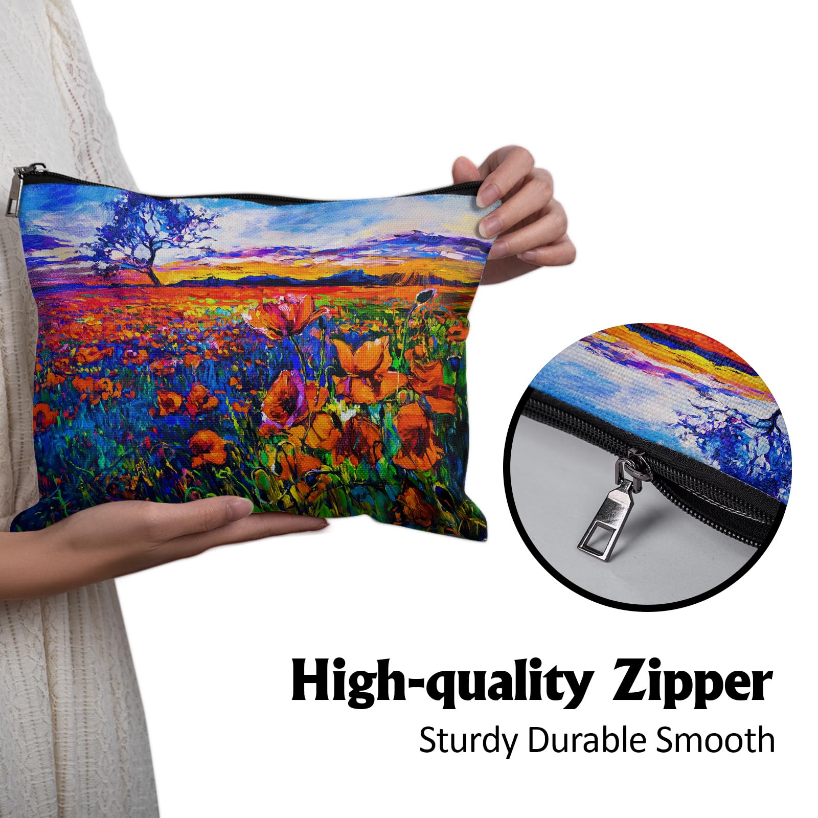 Poppy Field Makeup Bag - Large 10×8 Inch Travel Cosmetic Organizer with Zipper, Toiletry Essentials & Jewelry Pouch - Perfect Gift for Women - Ideal for Travel, Gym, and Daily Beauty Storage