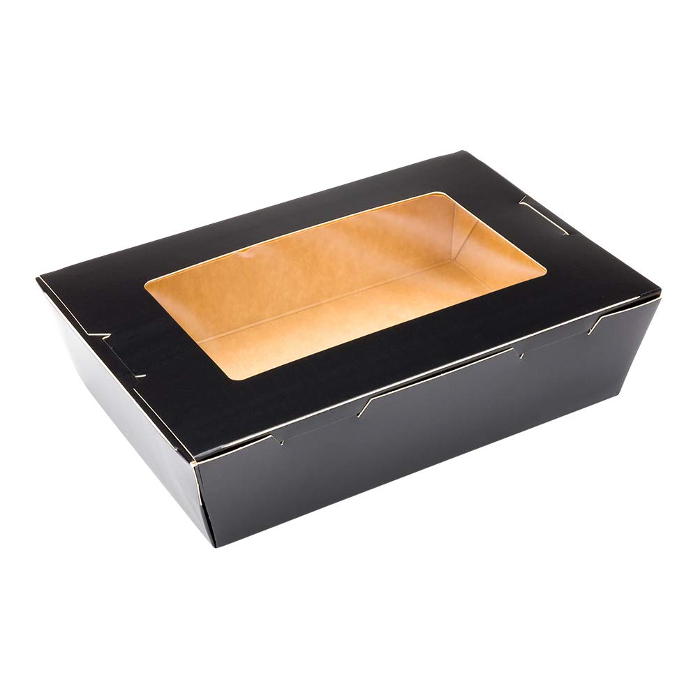 Restaurantware Cafe Vision 42oz Disposable To-Go Food Containers - 200 Pack Black Paper Takeout Boxes with Window | Leakproof Hinge Lock Design for Lunch, Desserts & Catering | Eco-Friendly Grease-Resistant Food Storage