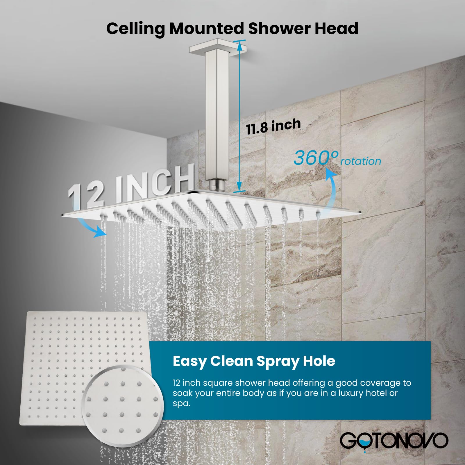 Gotonovo Luxury 12-Inch Rain Shower Combo Set - Ceiling Mount High Pressure Shower System with Handheld Spray, Brushed Nickel Finish - Perfect for Modern Bathroom Renovations & Spa-Like Shower Experience