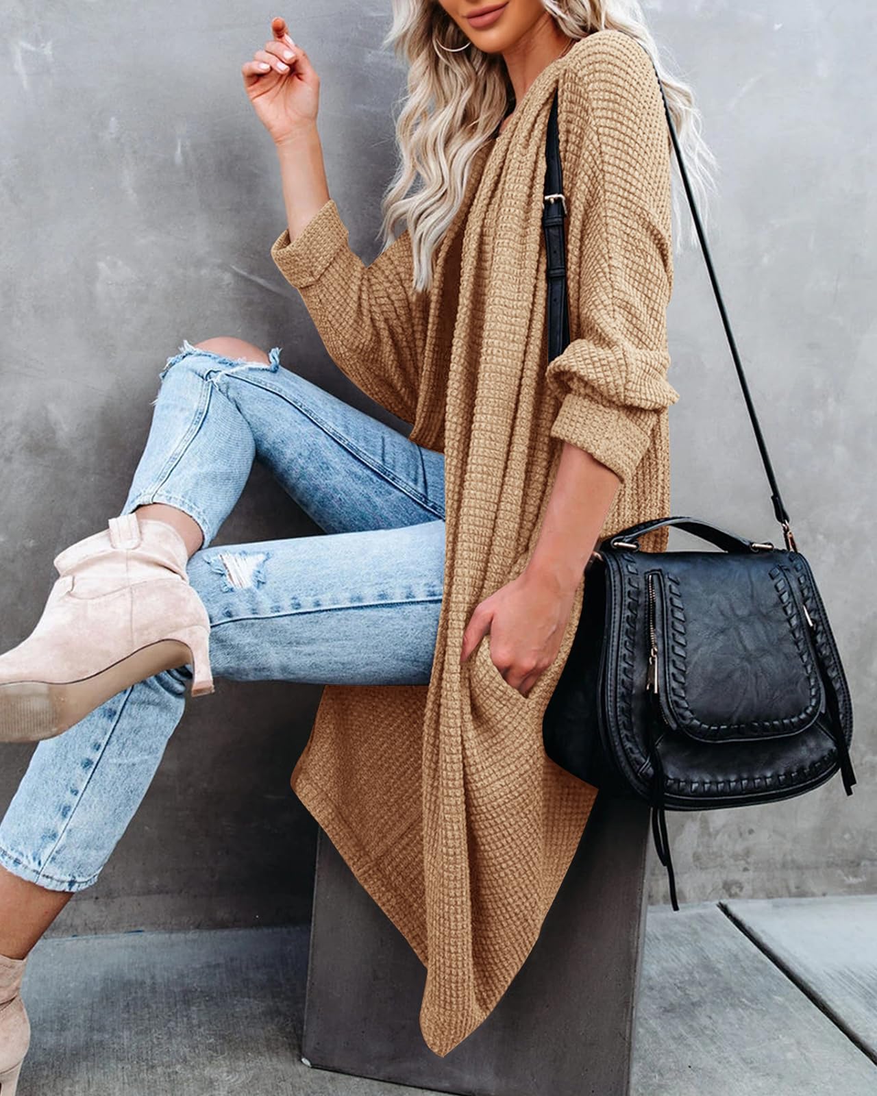 ZoeAce Women's Open Front Knit Cardigan - Long Batwing Sleeve Oversized Chunky Waffle Cable Sweater with Boho Pockets | Perfect for Fall Layering, Coffee Dates & Cozy Home Wear