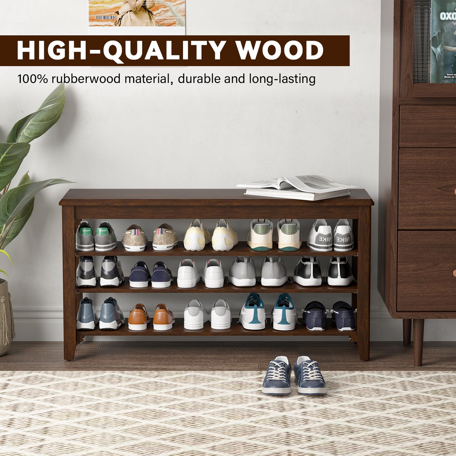 Rubberwood Shoe Bench with 3-Tier Adjustable Storage - 31.5