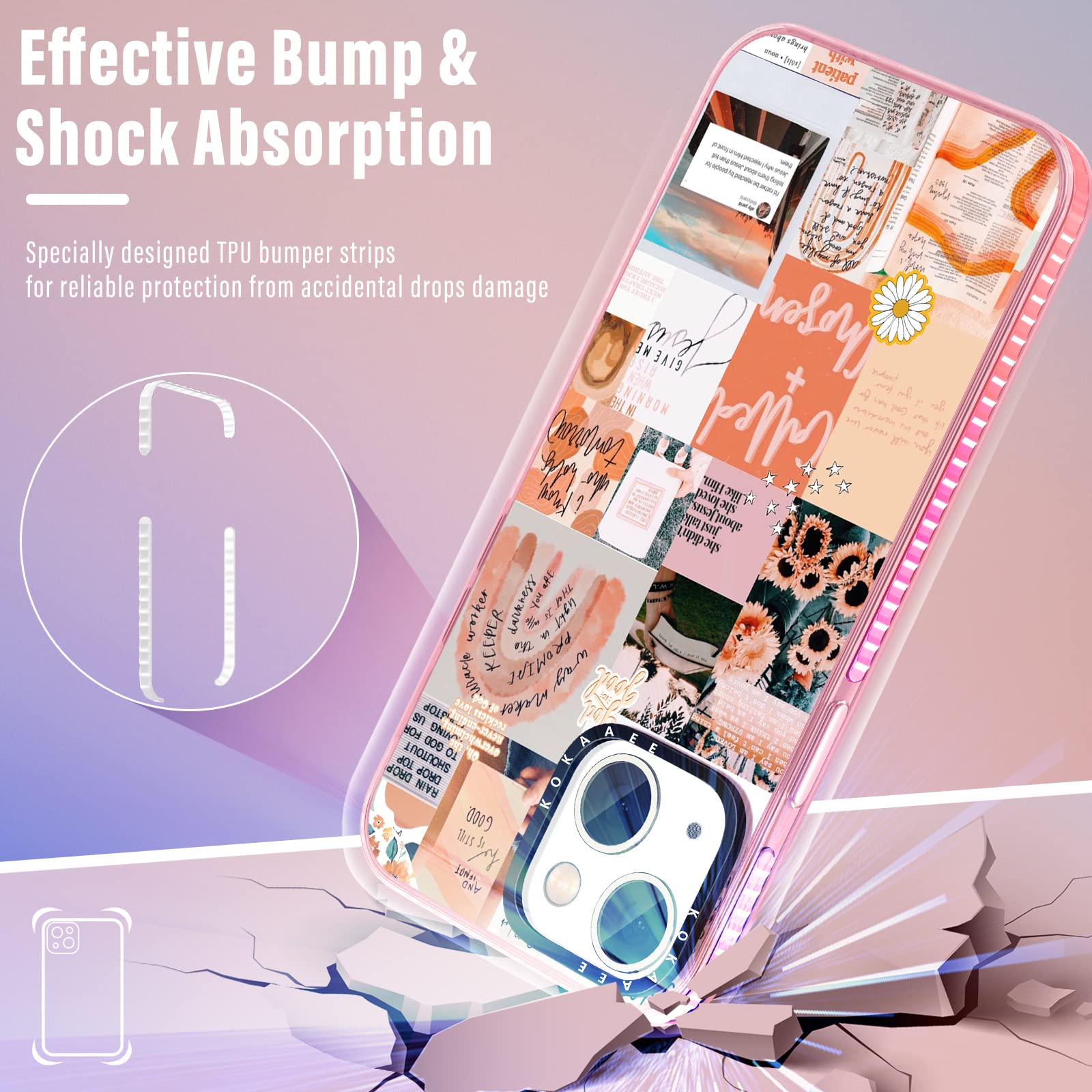 2 in 1 iPhone 14 Plus Case with Ring Holder - Trendy Aesthetic Collage Design, Soft TPU Bumper Cover for Women & Girls, Cute Quotes & Good Vibes Art (6.7