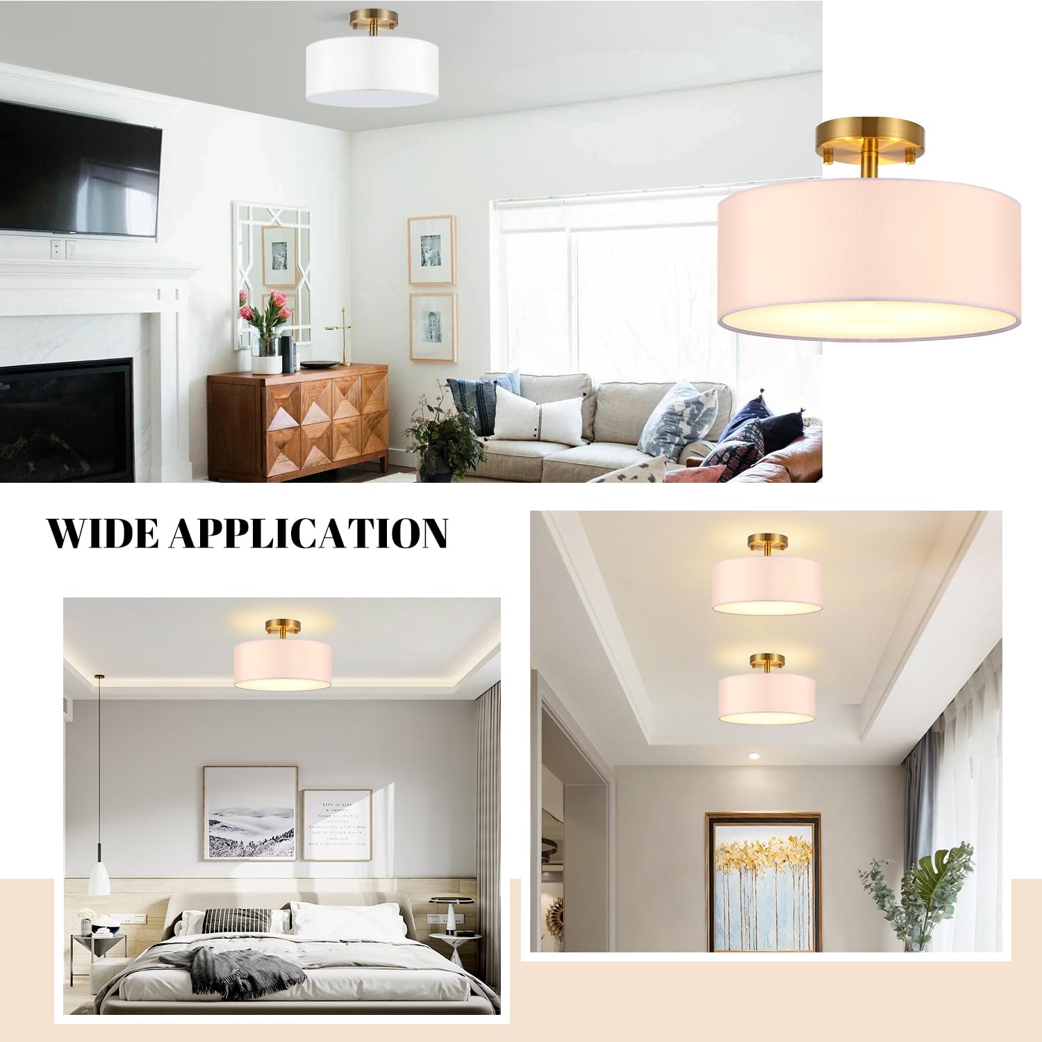 15 Inch Drum Ceiling Light Fixture - White Fabric Shade & Gold Finish - Semi-Flush Mount Lighting for Bedroom, Dining Room, Living Room, Hallway - Modern Home Decor & Ambient Lighting Solution