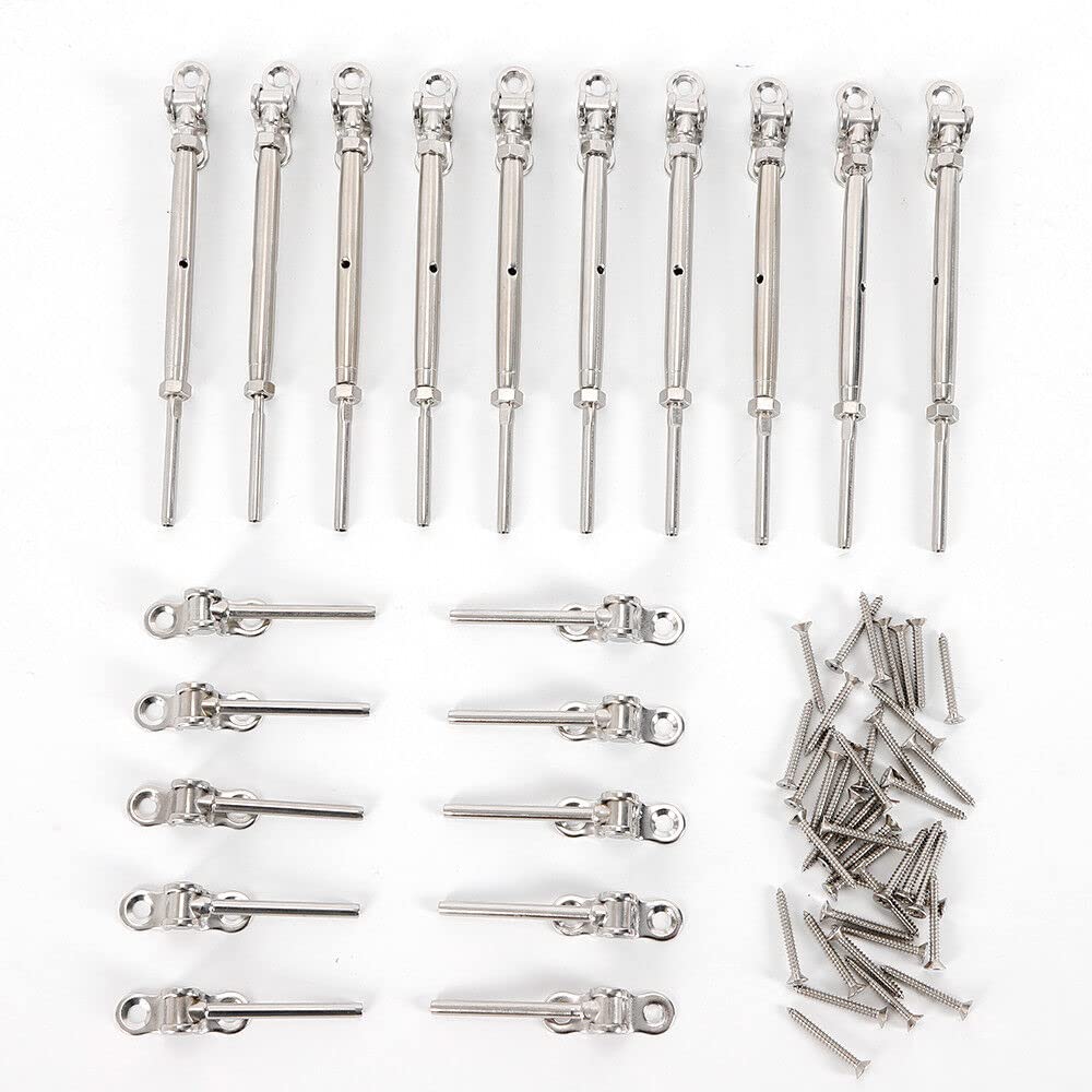 50 Pack 180° Adjustable T-316 Stainless Steel Cable Railing Kit - Marine Grade Deck Hardware with Hand Swage Threaded Stud Tensioner for 1/8