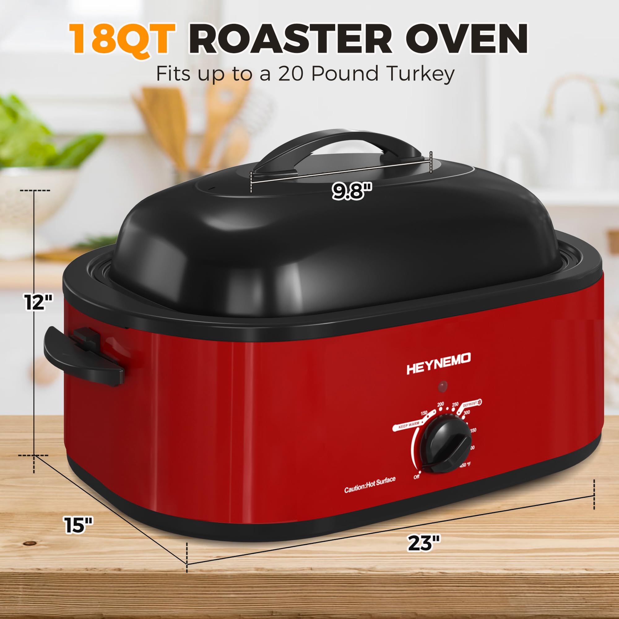 18 Quart Stainless Steel Electric Roaster Oven with Self-Basting Lid, Defrost & Warm Function, Adjustable Temperature, Removable Pan & Rack, Red – Perfect for Holiday Turkey, Roasts, and Large Family Gatherings