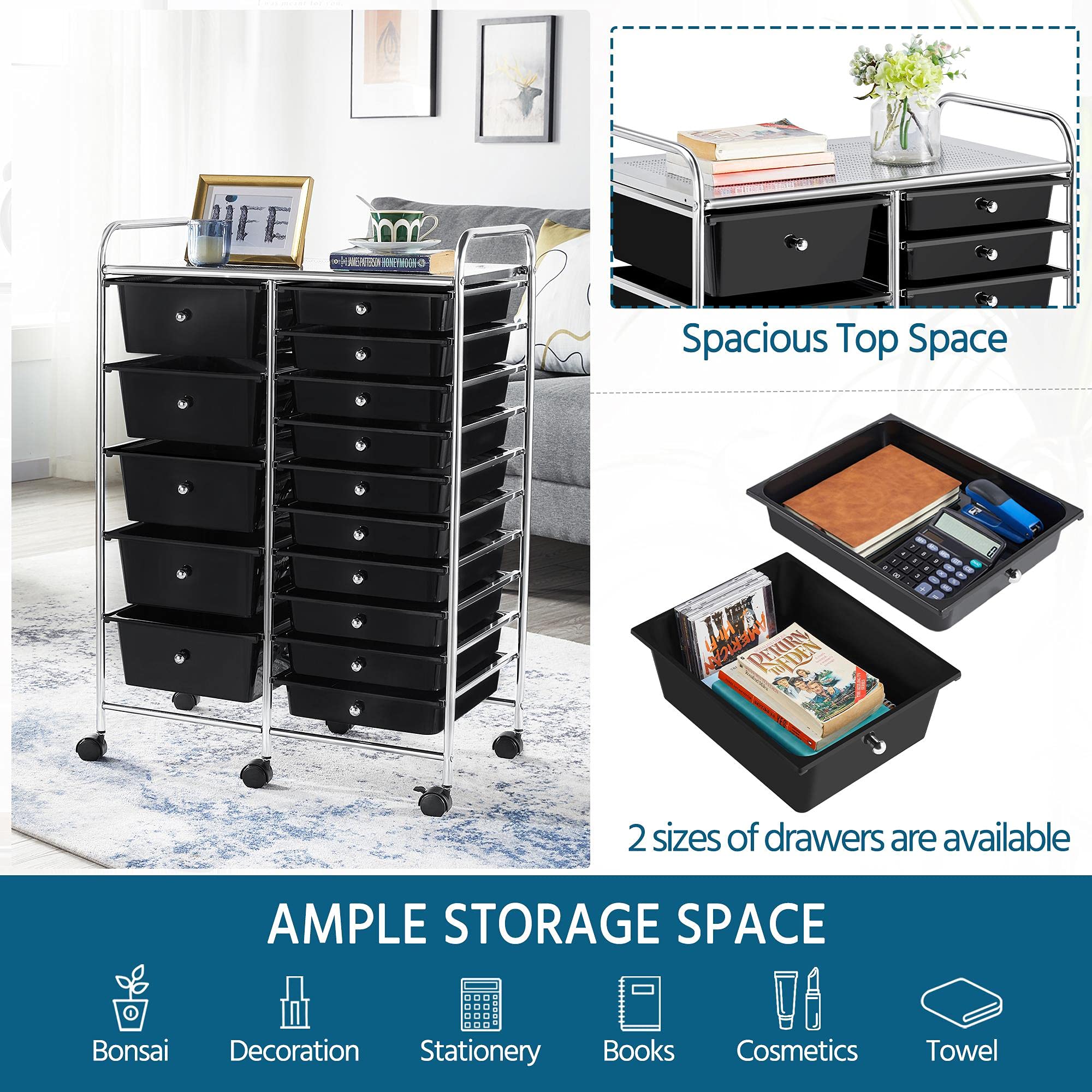 Yaheetech 15-Drawer Rolling Cart - Mobile Storage Organizer for Craft & Office Supplies