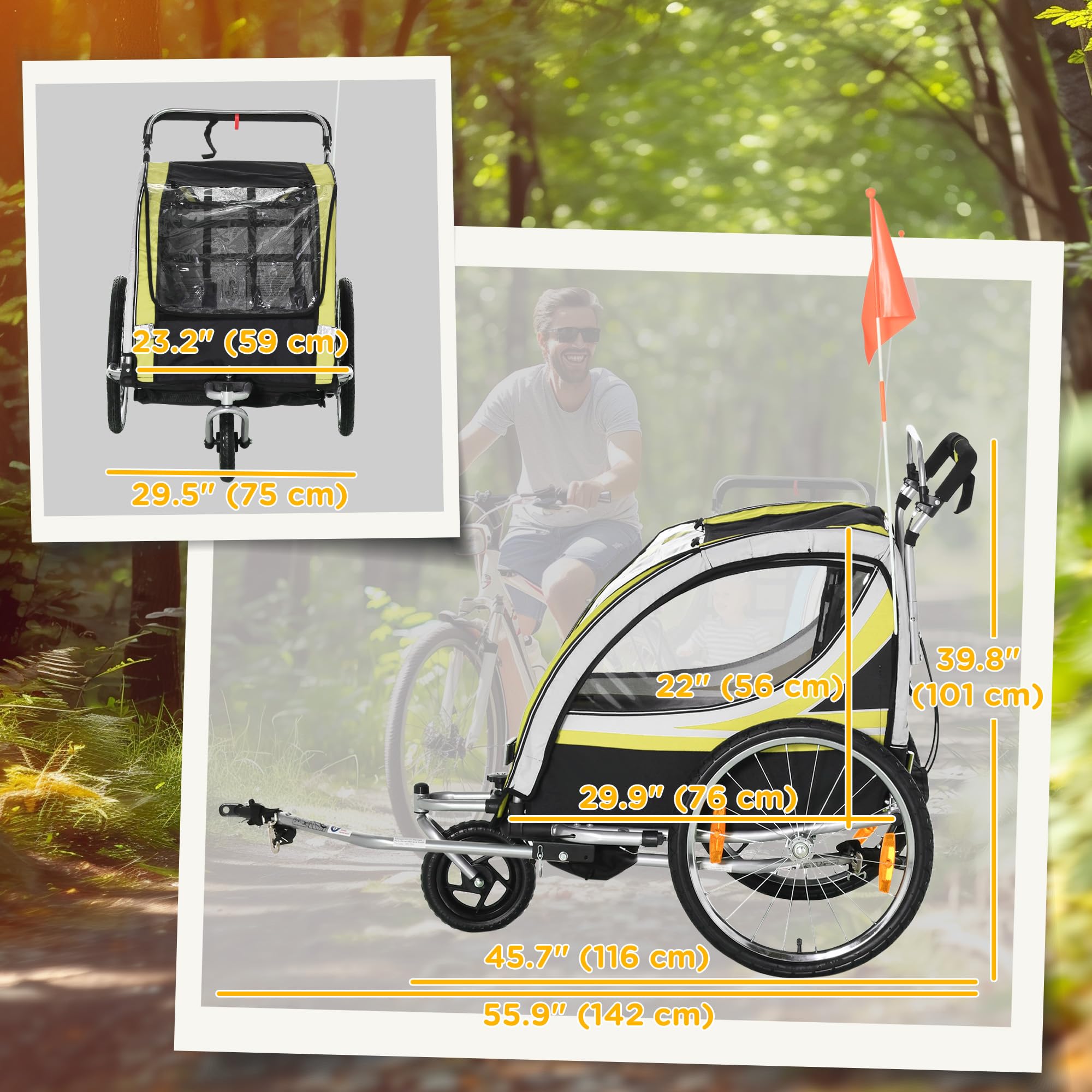 **Aosom 2-in-1 Double Baby Jogging Stroller & Bike Trailer for Kids & Toddlers – Handbrake, 5-Point Harness, Waterproof Cover, Storage Bag, Safety Flag & Reflectors – Perfect for Outdoor Adventures, Running & Biking**