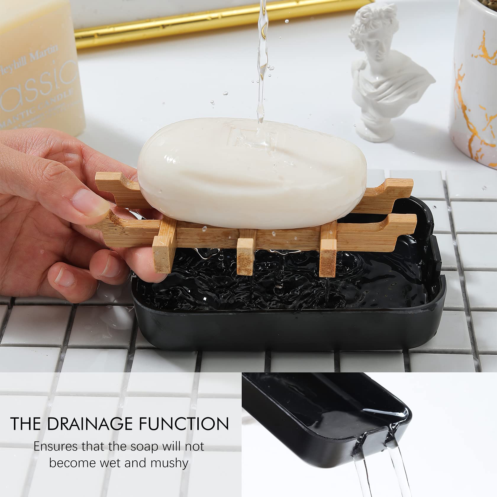 Black Bamboo Soap Dish Holder for Bar Soap - Bathroom & Shower Organizer with Drainage - Perfect for Sink, Countertop, and Shower Stall Use