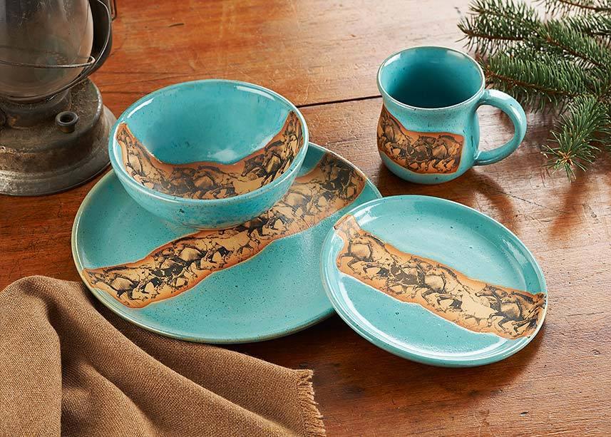 Open Range Horses Dinnerware Set - Turquoise Ceramic Plates & Bowls for Western & Ranch Style Dining - Perfect for Cowboy Themed Parties, Farmhouse Decor, and Rustic Home Entertaining