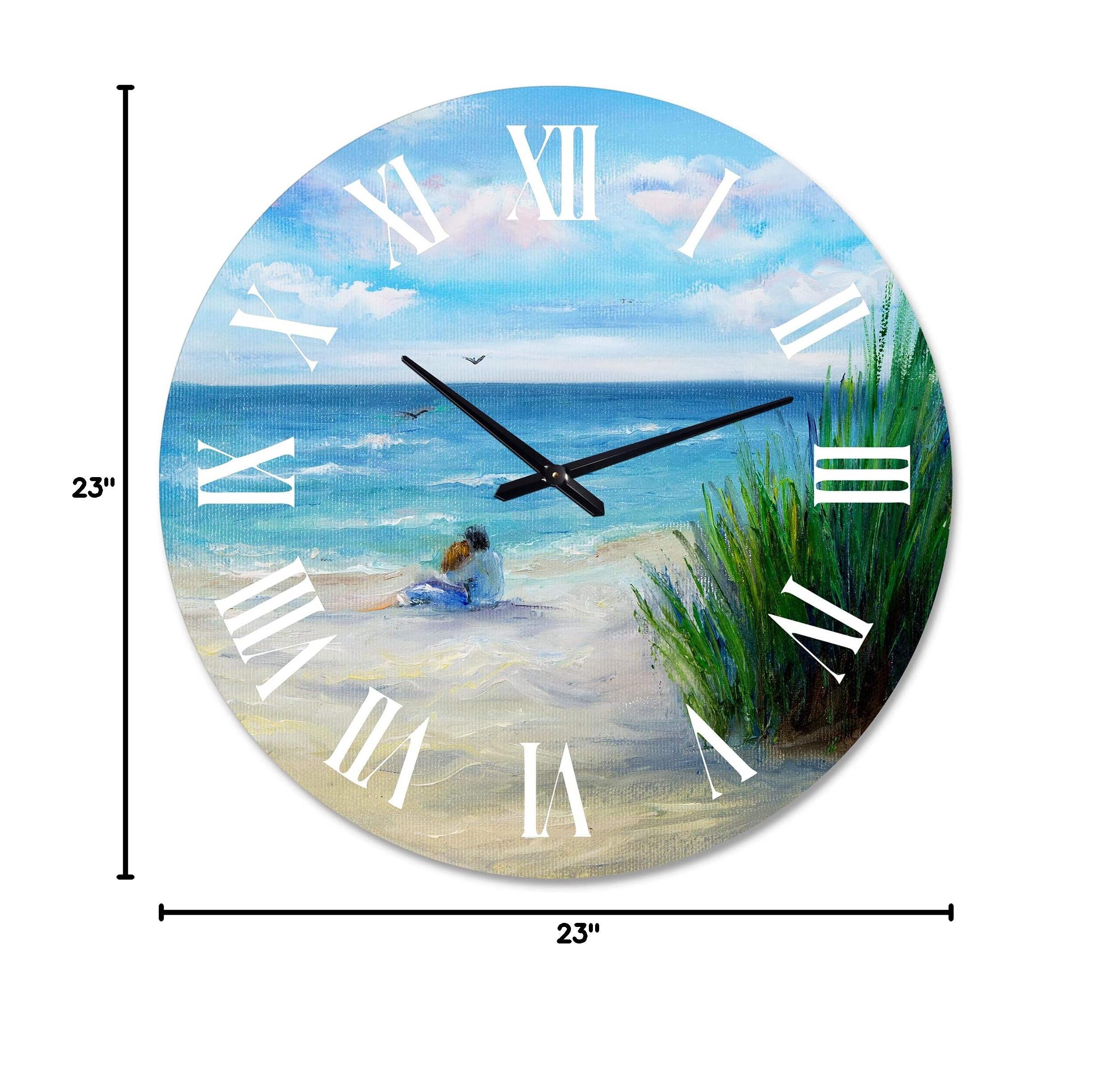 DesignQ Nautical Coastal Wall Clock - Romantic 'Couple in Love by The Beach' Blue Round Clock for Kitchen, Living Room, Bedroom & Office Decor | Perfect for Beach House, Coastal & Home Décor