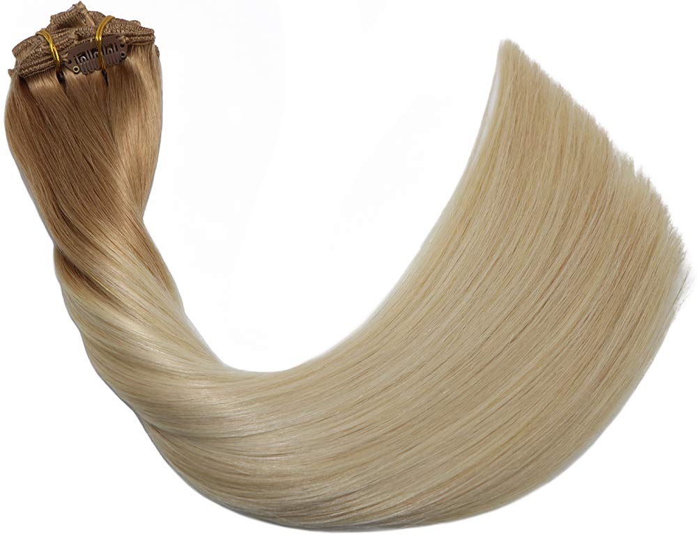 Aison 22 Inch Clip-in Human Hair Extensions - 7pcs 120g Golden Brown to Platinum Blonde Ombre Straight Wefts for Long Thick Hair | Perfect for Parties, Weddings & Daily Styling