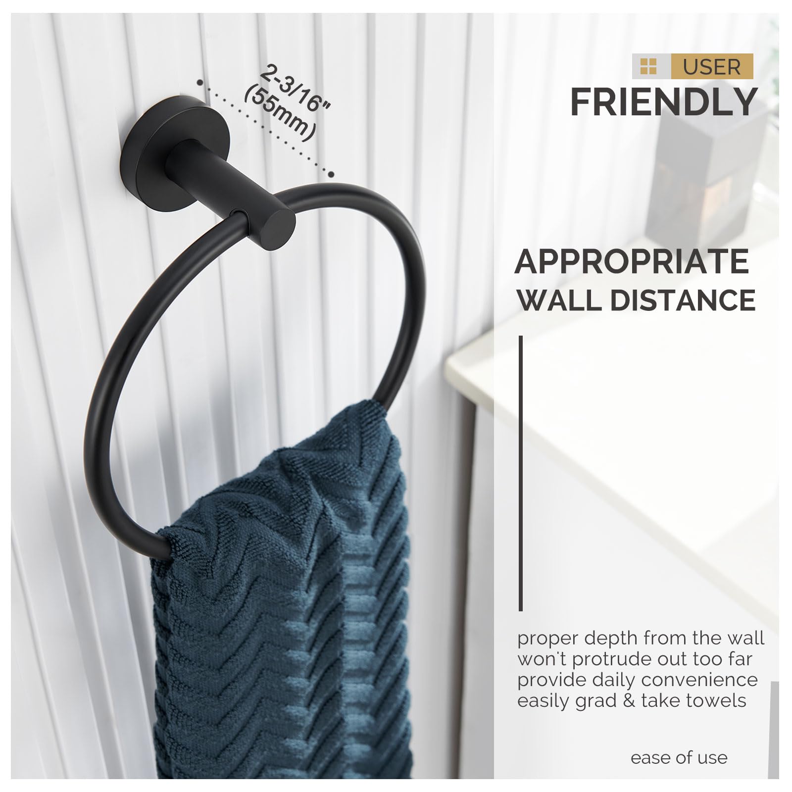 Matte Black Round Double Towel Hook with Matching Ring - Bathroom & Kitchen Organizer for Towels, Robes & Hats - Perfect for Home, Spa, and Hotel Decor