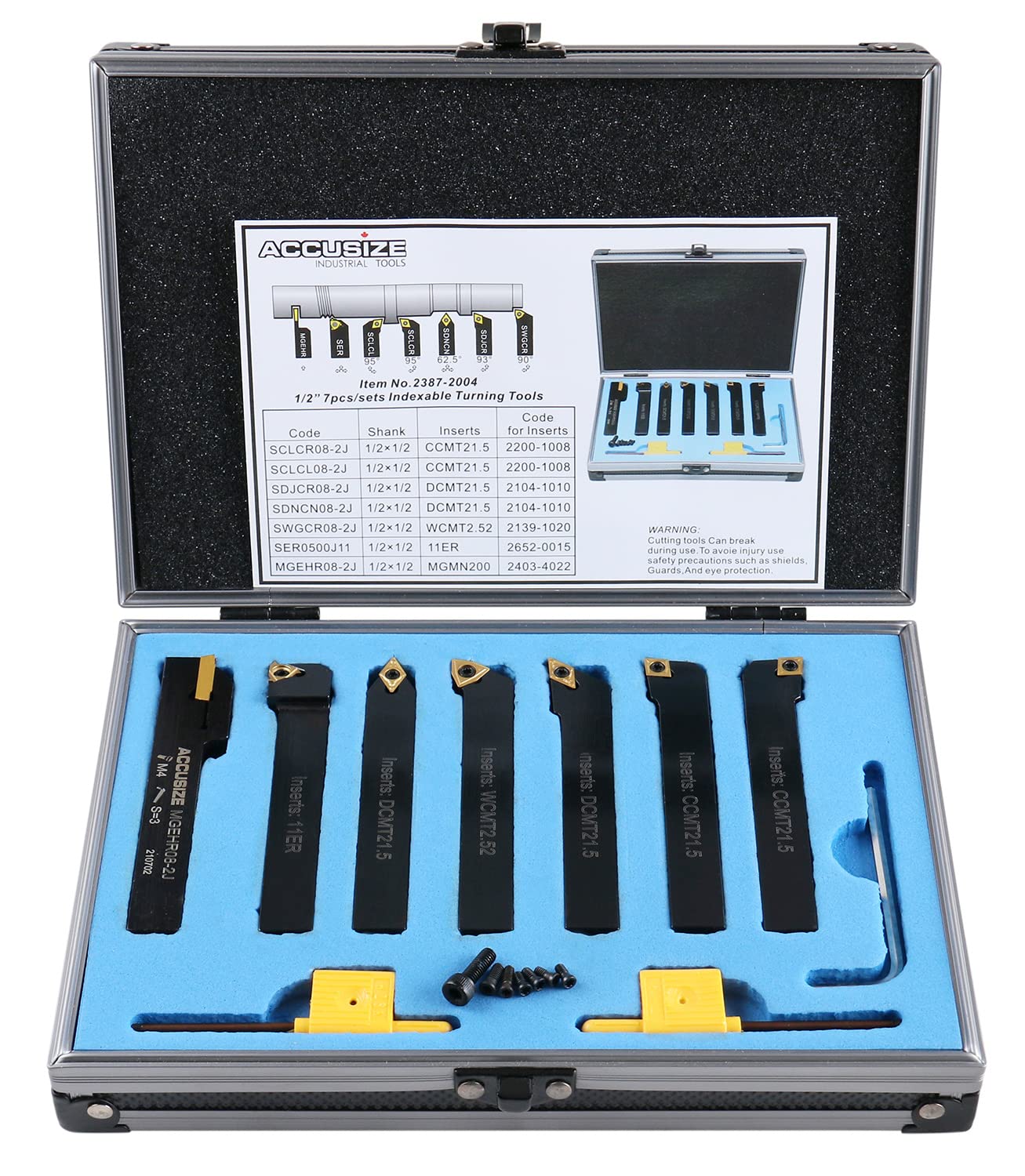 Accusize Industrial Tools 7-Piece 1/2'' Indexable Carbide Turning Tool Set with Fitted Case (2387-2004) - Perfect for Lathe Turning, Facing, and Threading Operations in Metalworking