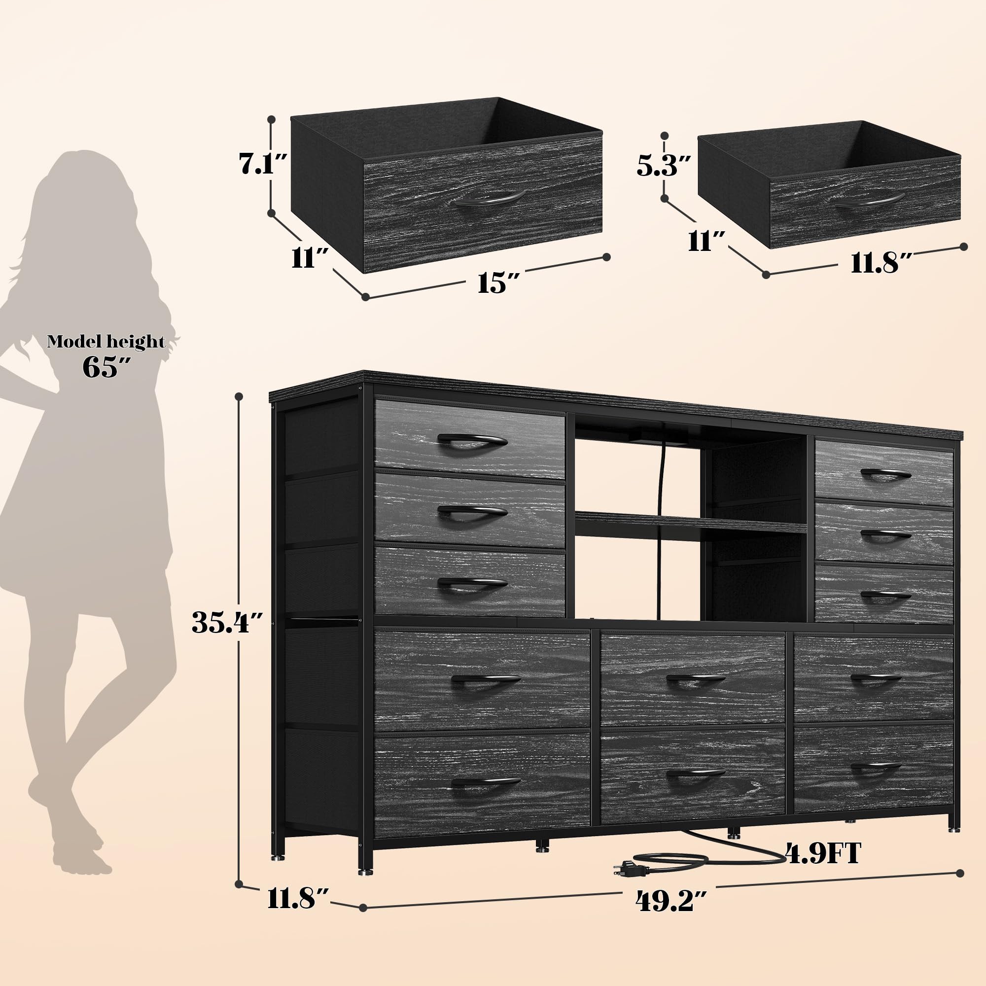EnHomee 12-Drawer Black Dresser with LED Lights & Power Outlets - Sturdy Metal Frame TV Stand for 60'' TV, Fabric Dresser for Bedroom, Living Room, Hallway & Closet - Perfect for Home Organization & Entertainment Setup
