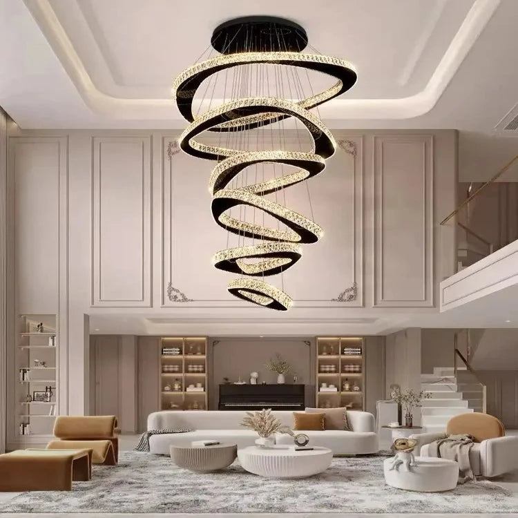 Twisted Ring LED Chandelier Light Fixture - Modern Crystal Ceiling Light for Dining Room, Living Room, Bedroom | Dimmable Hanging Pendant Lamp for High Ceilings, Hallways & Entryways