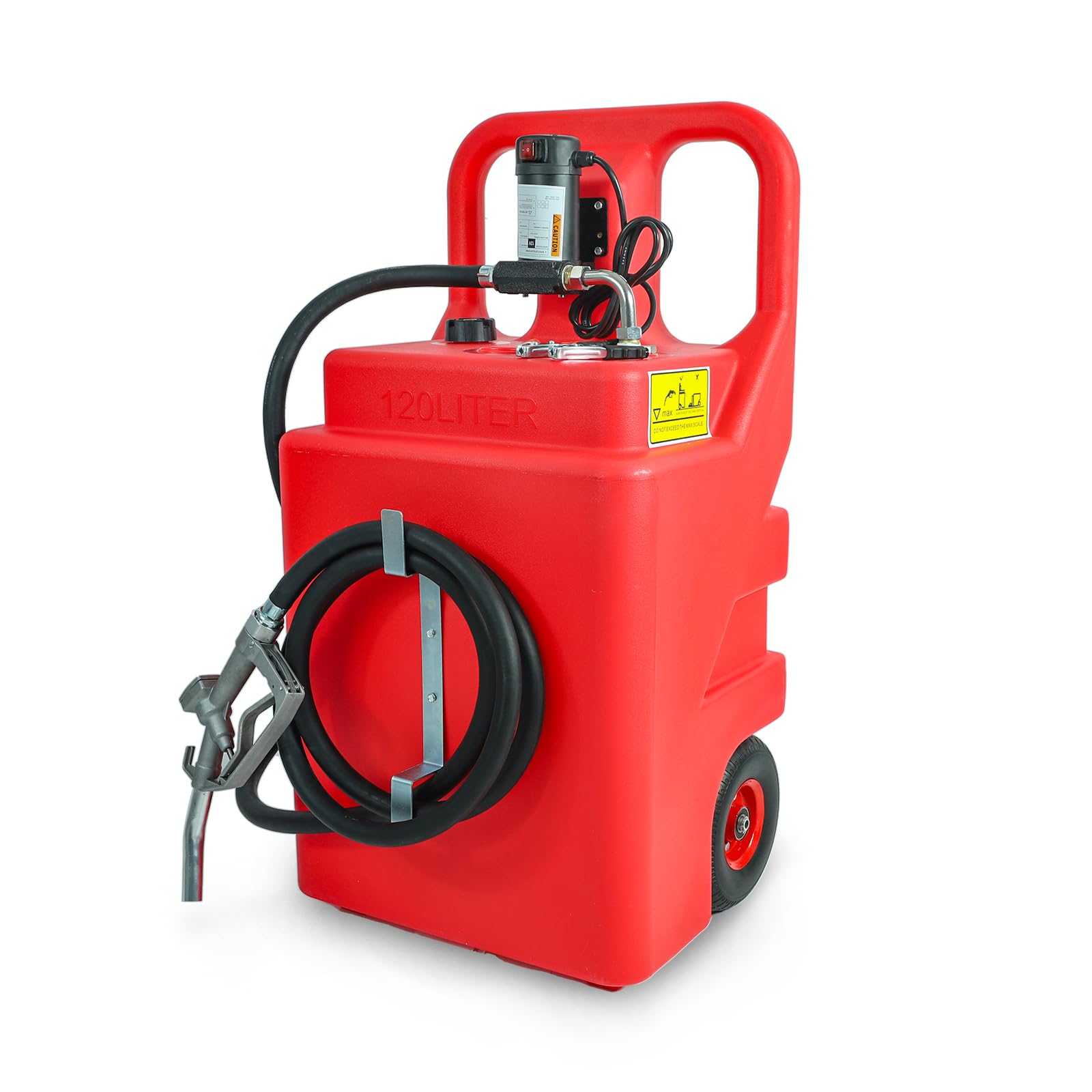 32 Gallon (120L) Heavy Duty Portable Diesel Fuel Tank with 12V Electric Pump (10 GPM) - Includes Sturdy Wheels, Top Handle, 13ft Hose & Oil Gun for Transport, Storage & Refueling Trucks, Equipment & Generators
