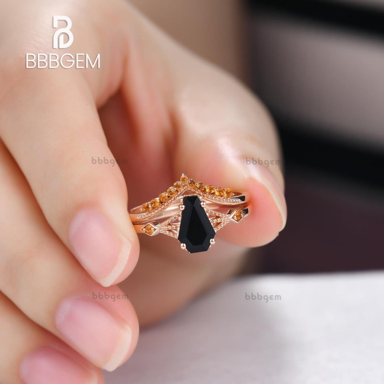 Him Black Spinel Coffin Wedding Ring Set with Yellow Citrine Milgrain Curve Band in Gold - Elegant Gothic Bridal Jewelry for Alternative Weddings & Dark Romance