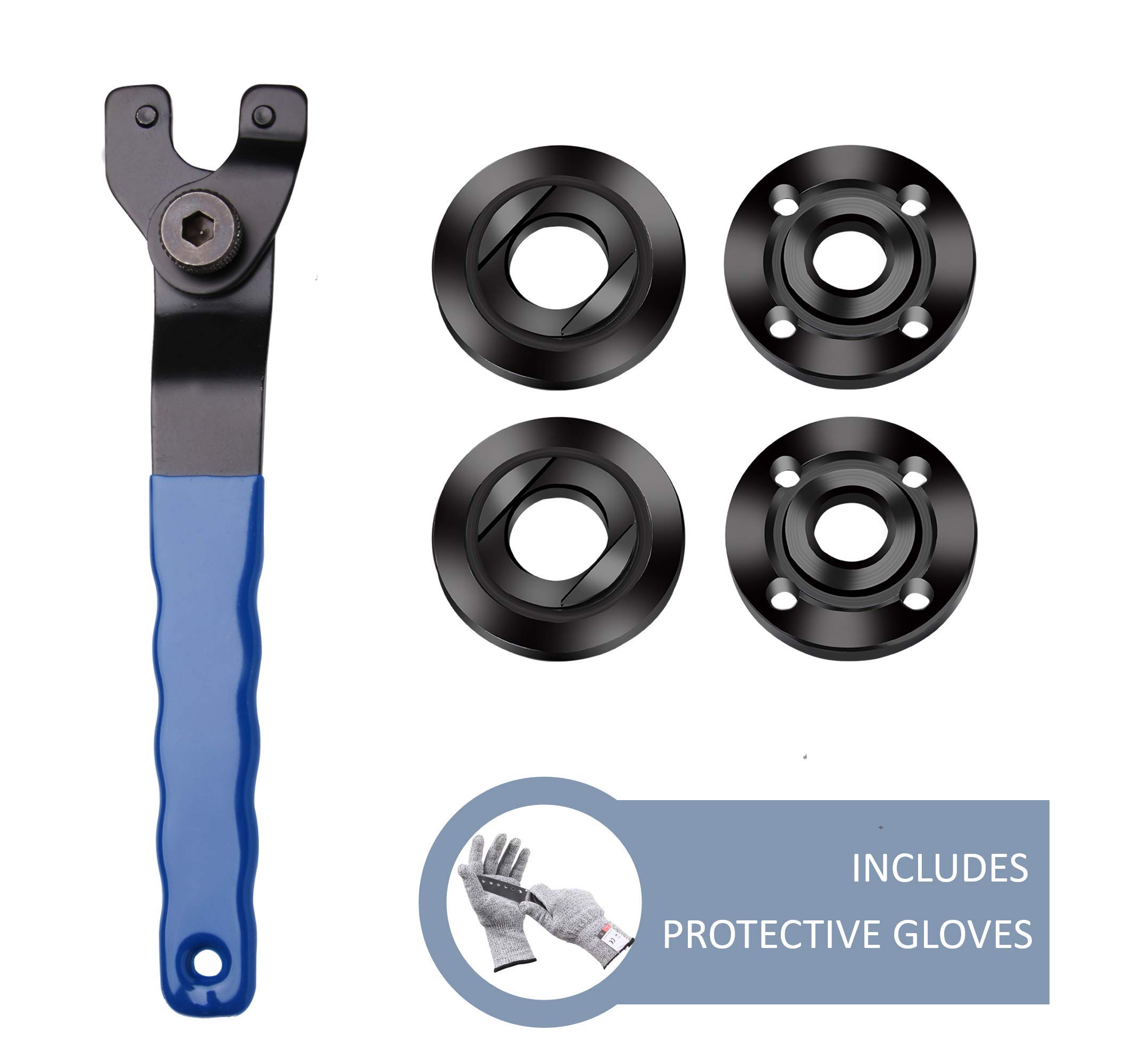 5/8-11 Grinder Wrench & Shaft Nut Set (4 Pcs) - Compatible with Makita, Milwaukee, Dewalt, Metabo, Bosch, Ryobi & Black+Decker Angle Grinders (4.5-5 Inch) - Includes Protective Gloves - Perfect for Angle Grinder Maintenance & Metalworking Projects