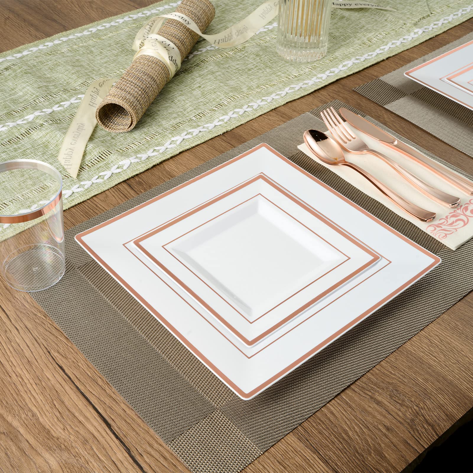 175-Piece Rose Gold Disposable Dinnerware Set for 25 Guests - Elegant Square Plastic Plates with Metallic Rim - Includes 25 Dinner Plates, Dessert Plates, Napkins, Cups & Silverware - Perfect for Weddings, Parties & Special Events